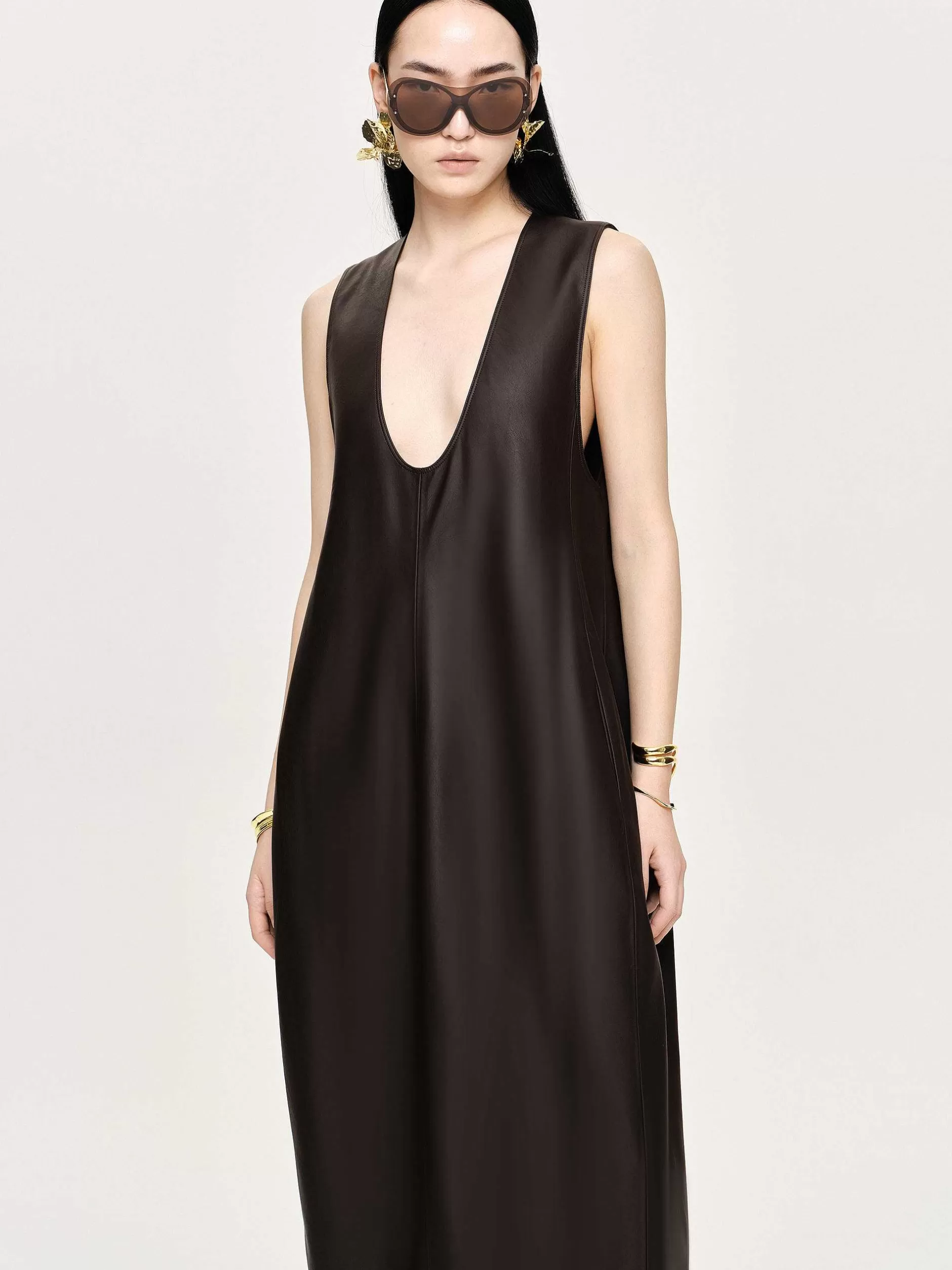 New Adua Maxi-Jurk Van Kunstleer, Chocoladebruin Vrouwen Kleding