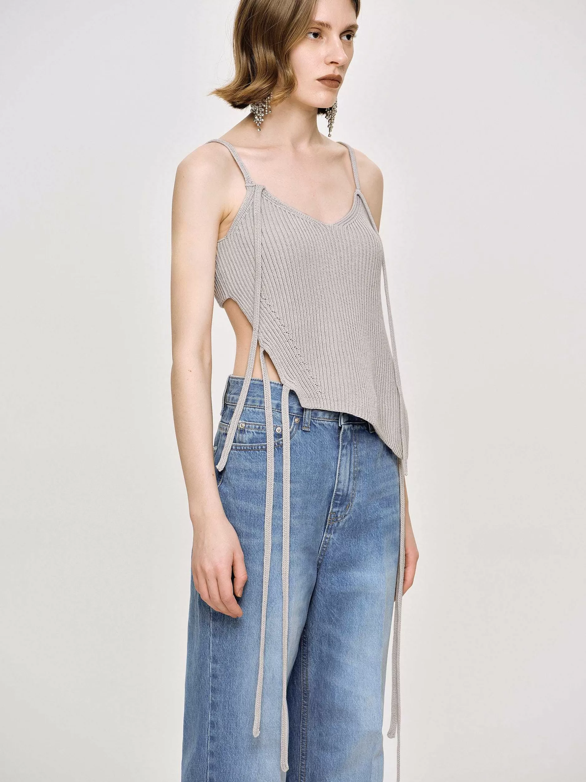 Fashion Asymmetrisch Gebreide Tanktop, Fossielgrijs Vrouwen Kleding