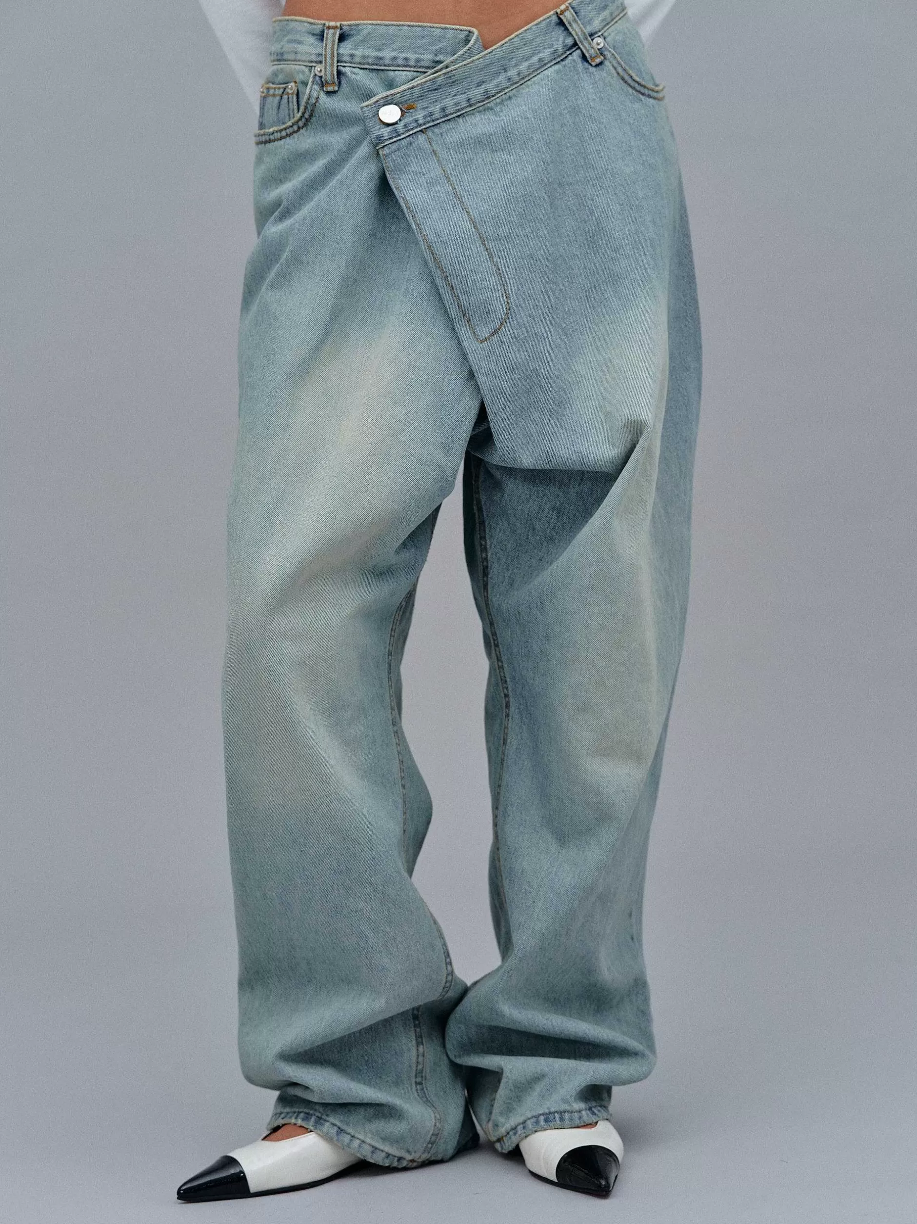 Best Asymmetrische Vervaagde Jeans Met Overslag, Stone Wash Vrouwen Denim