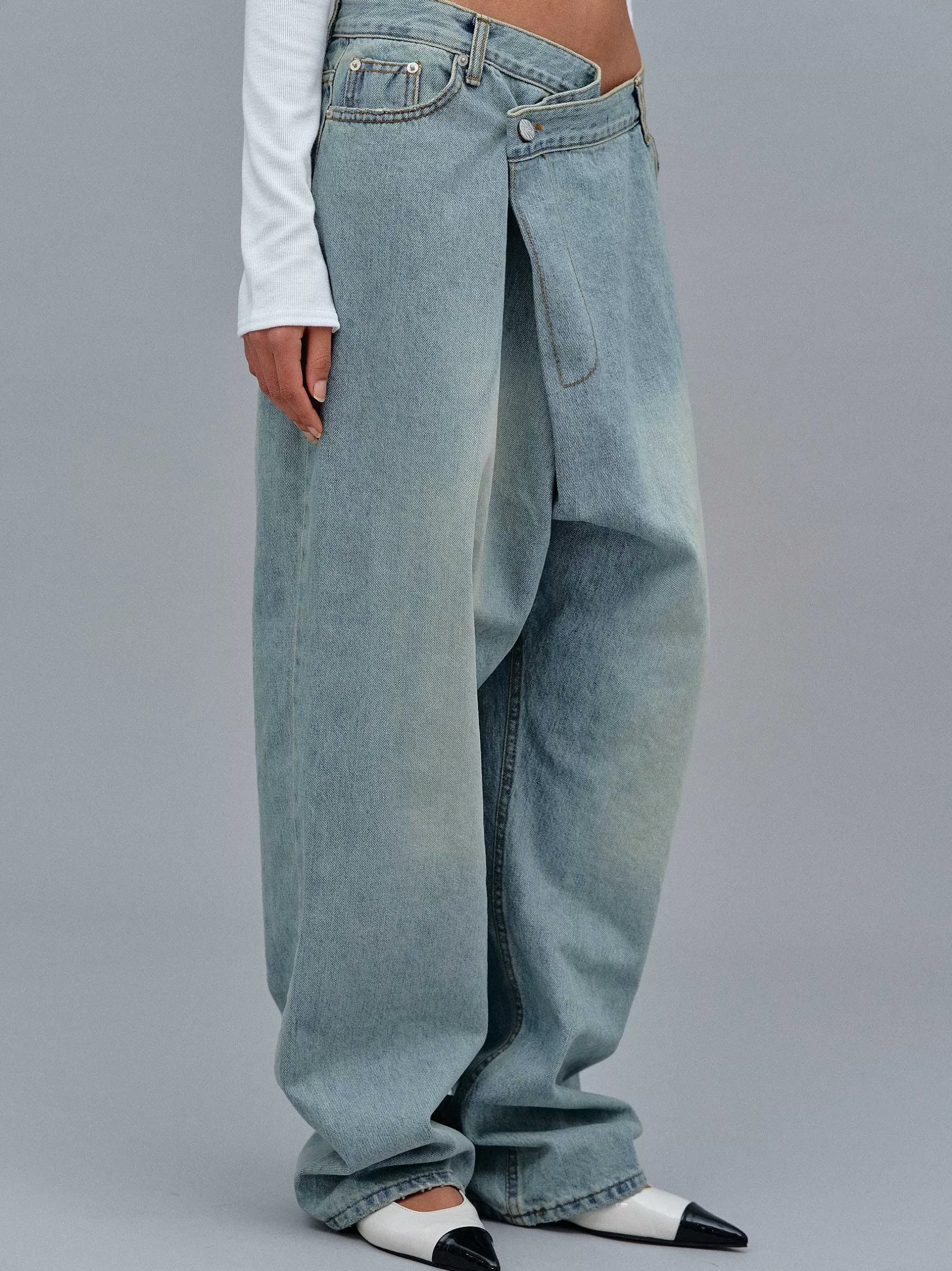 Best Asymmetrische Vervaagde Jeans Met Overslag, Stone Wash Vrouwen Denim