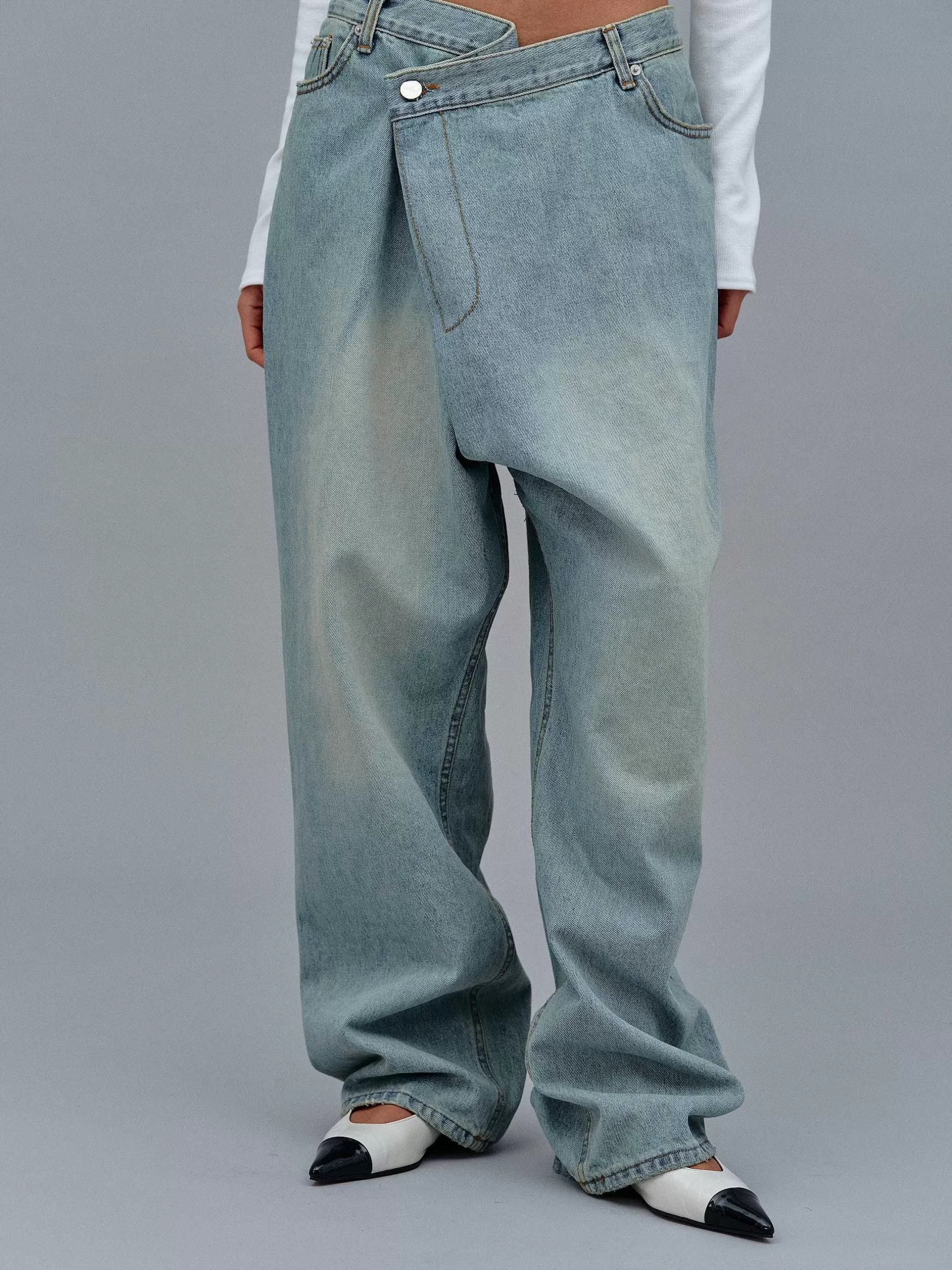 Shop Asymmetrische Vervaagde Jeans Met Overslag, Stone Wash Vrouwen Kleding