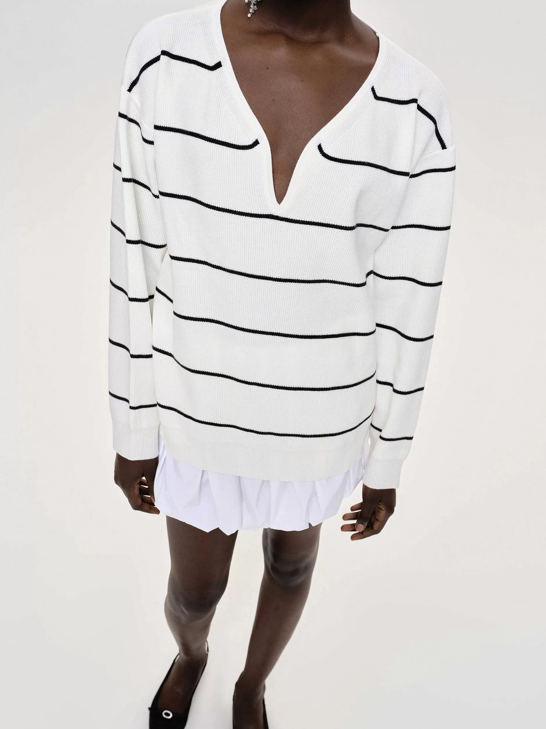 Outlet Diepe V-Hals Trui, Witte Streep Vrouwen Kleding