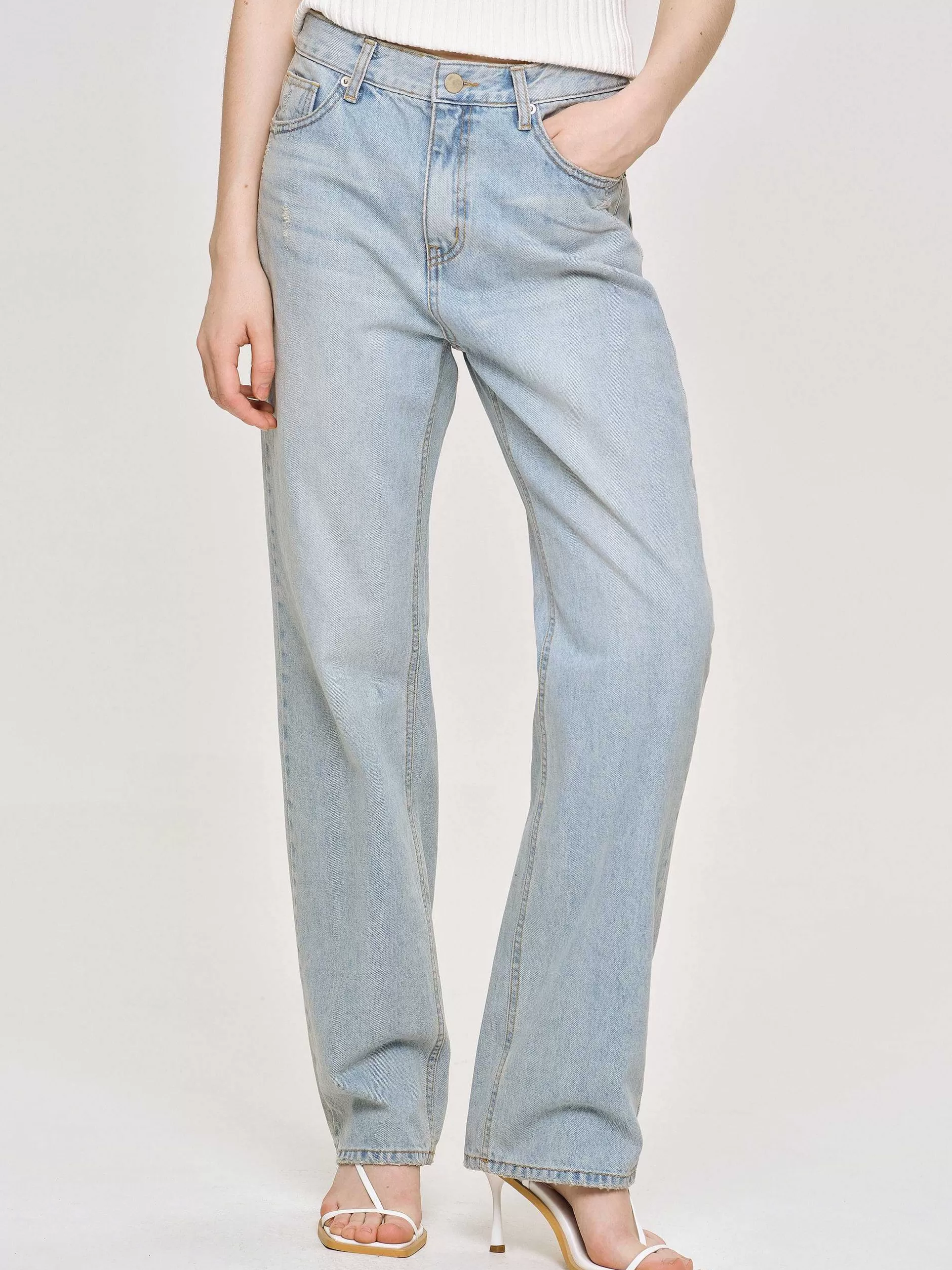 Cheap Distressed Rechte Jeans, Licht Vintage Blauw Vrouwen Kleding