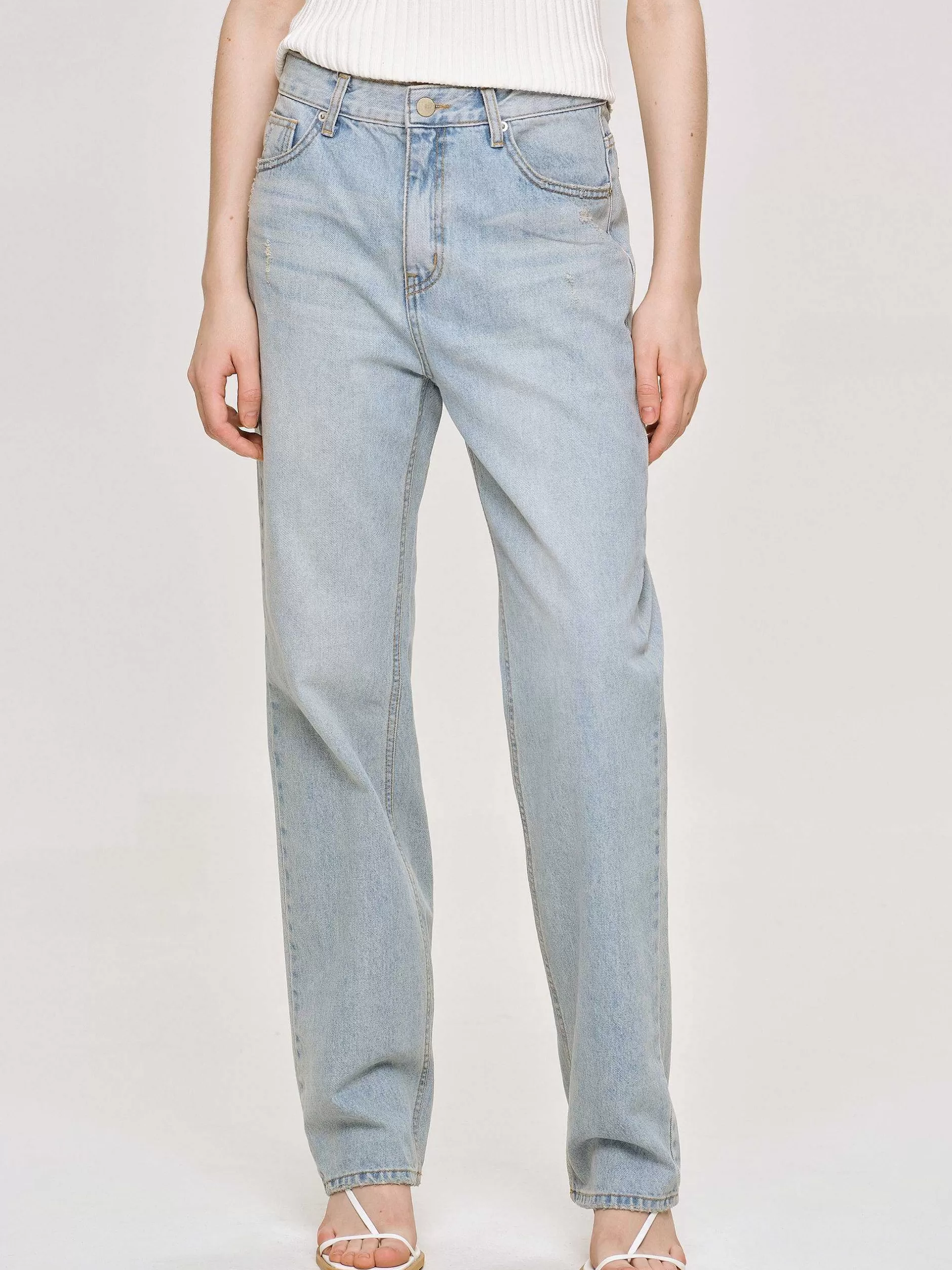 Cheap Distressed Rechte Jeans, Licht Vintage Blauw Vrouwen Kleding