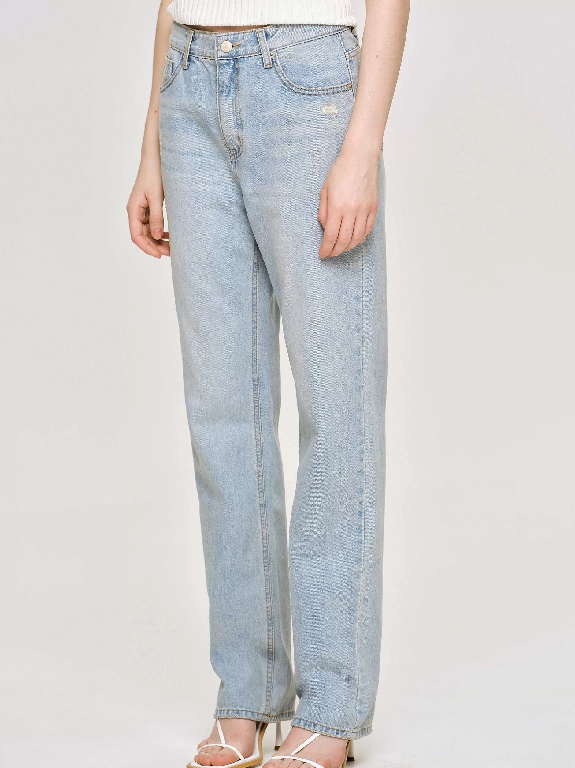 Flash Sale Distressed Rechte Jeans, Licht Vintage Blauw Vrouwen Denim