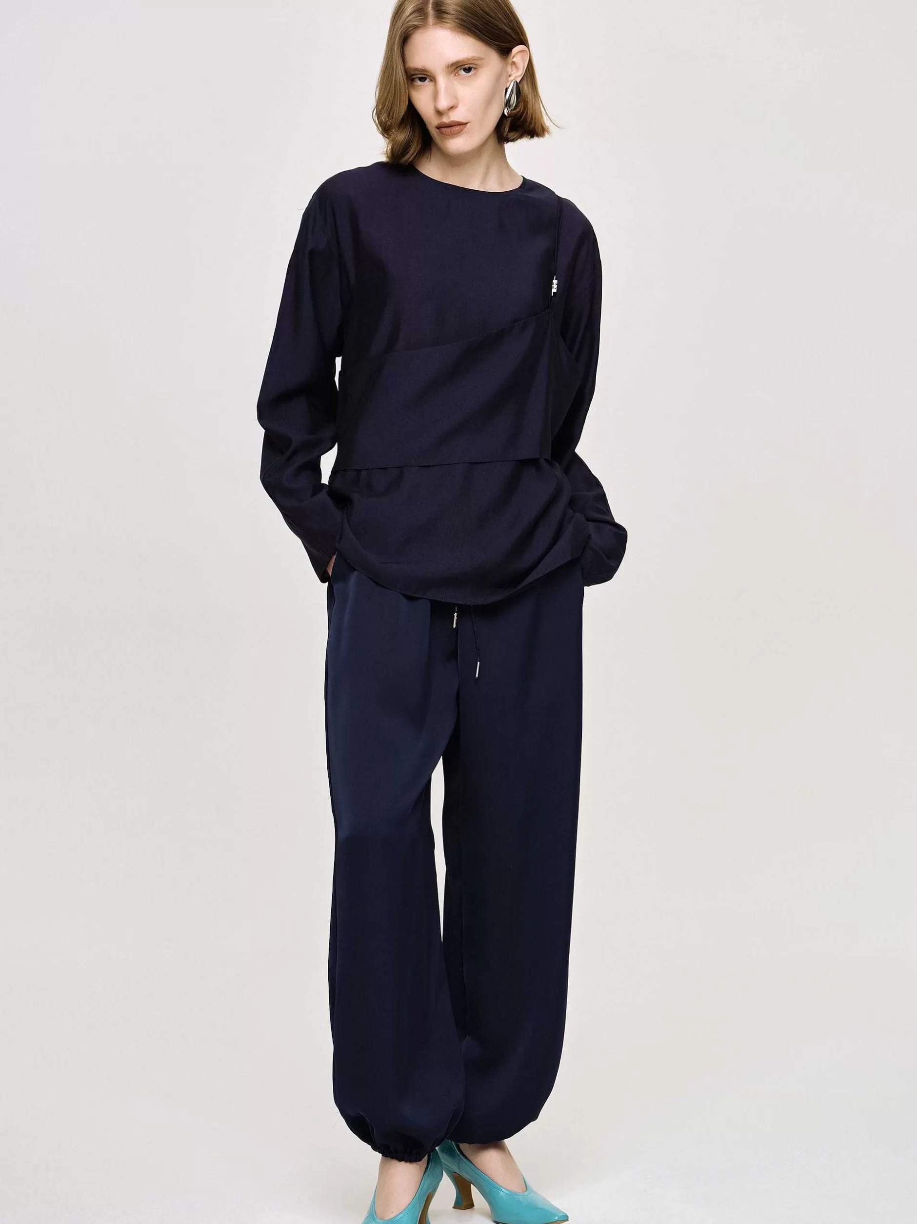 Fashion Gelaagde Blouse, Marineblauw Vrouwen Bovenkanten