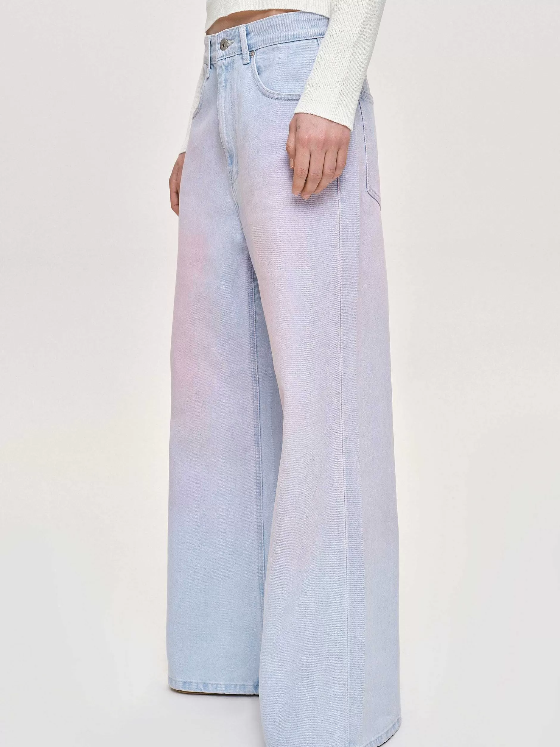 Cheap Geverfde Jeans Met Wijde Pijpen, Roze Gewassen Vrouwen Denim