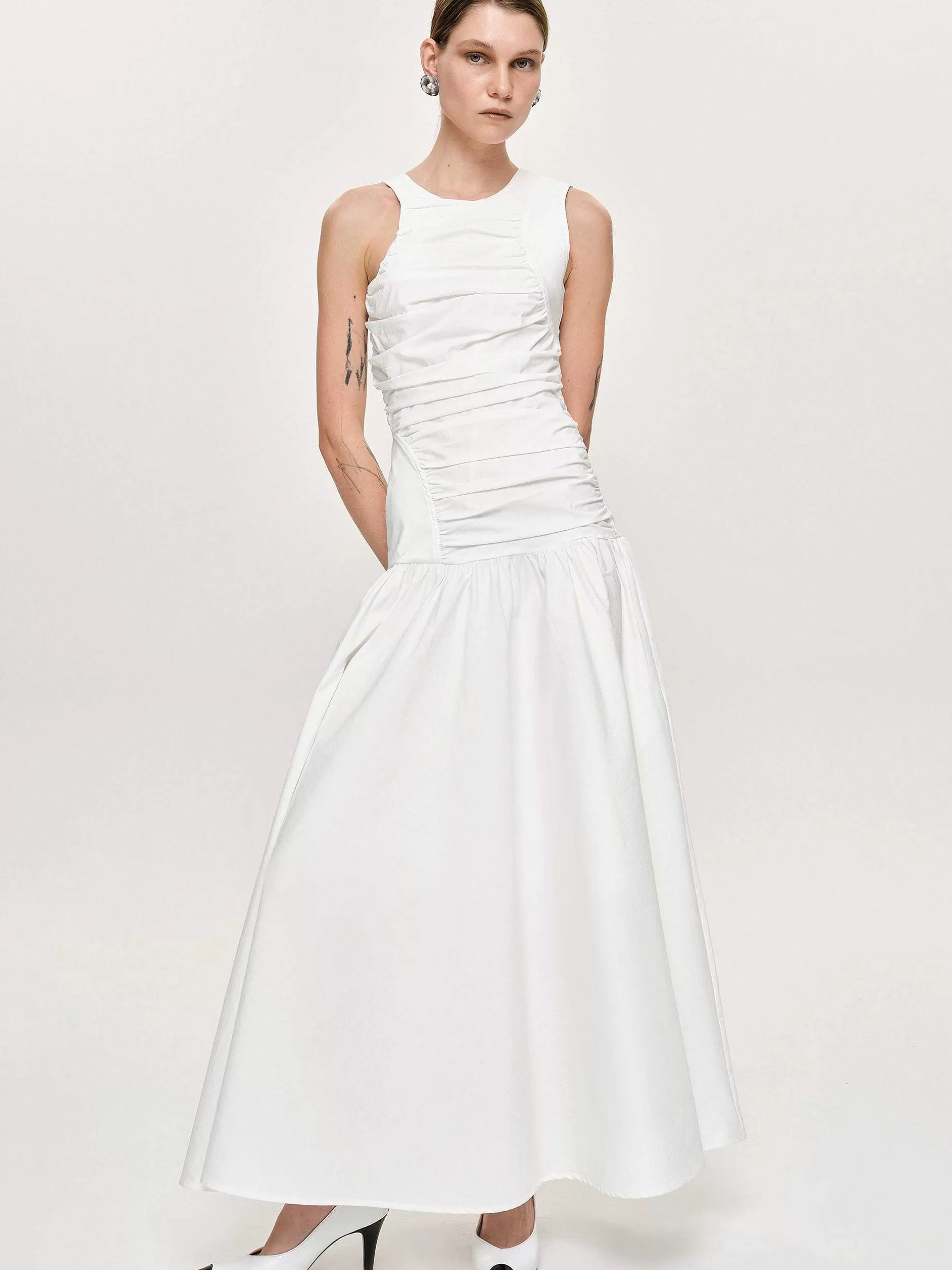 Best Sale Jurk Met Verlaagde Taille En Ruches, Gebroken Wit Vrouwen Accessoires