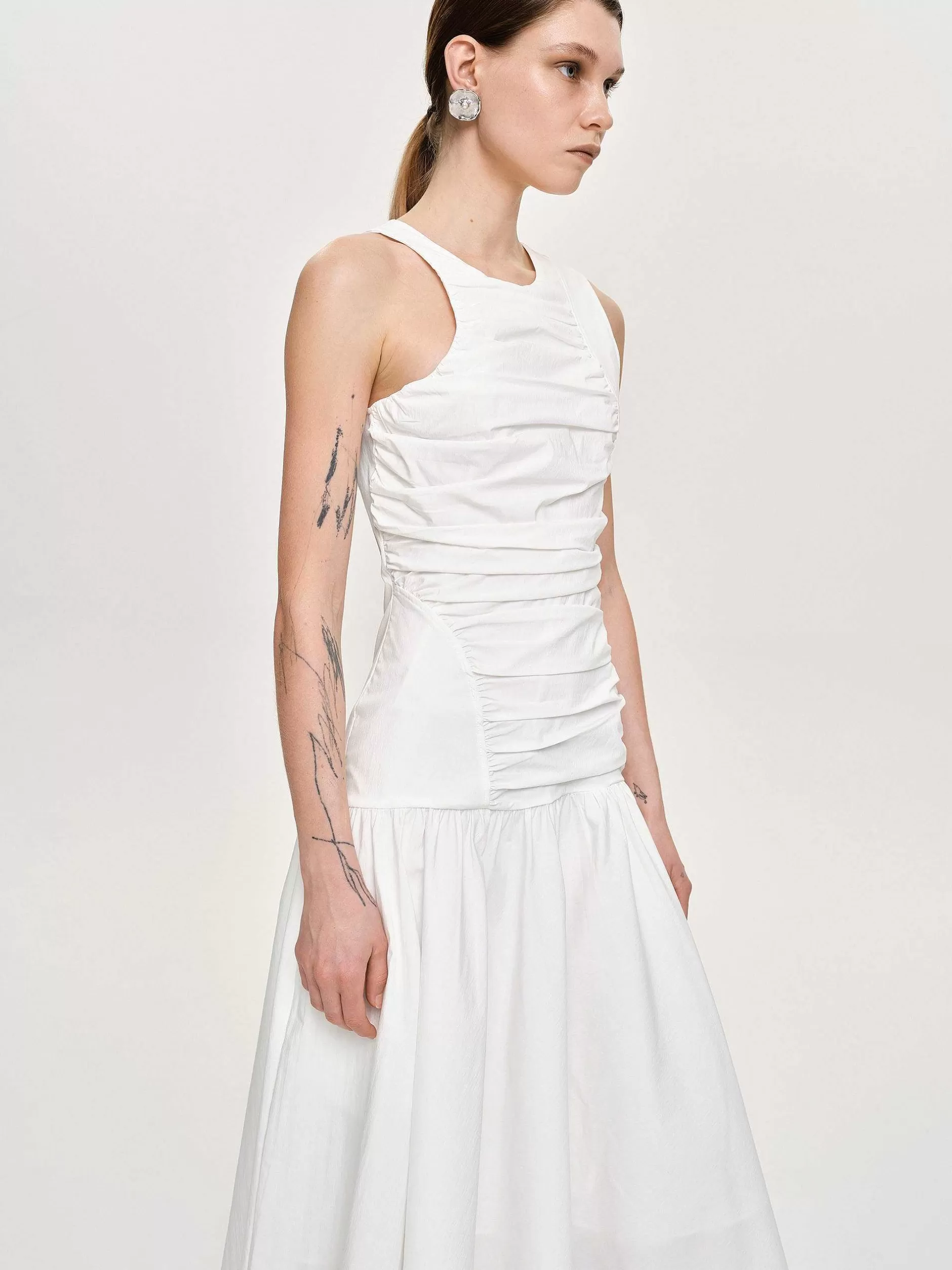 Best Sale Jurk Met Verlaagde Taille En Ruches, Gebroken Wit Vrouwen Accessoires