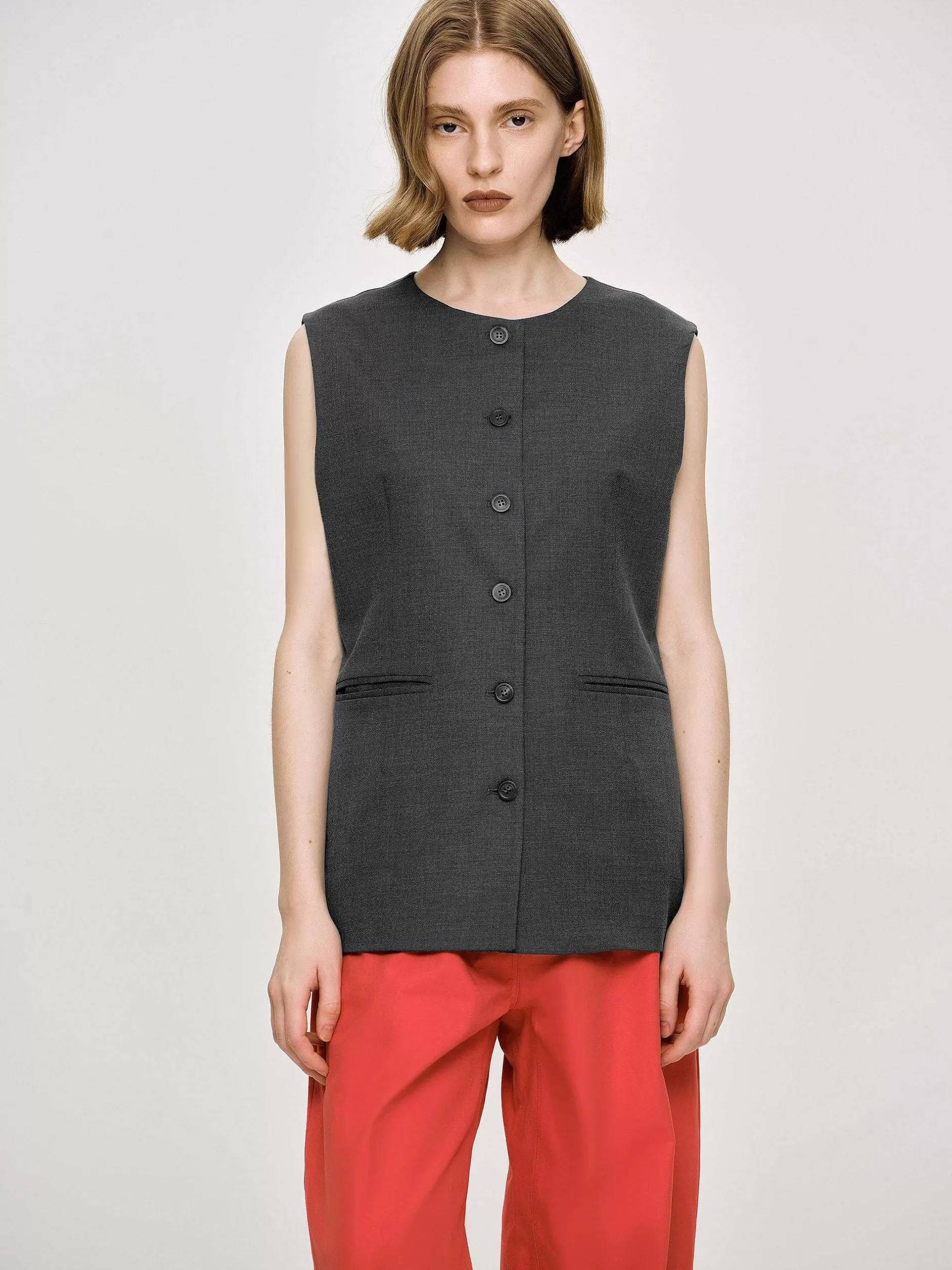 Sale Lang Knoopvest, Antraciet Gemeleerd Vrouwen Kleding