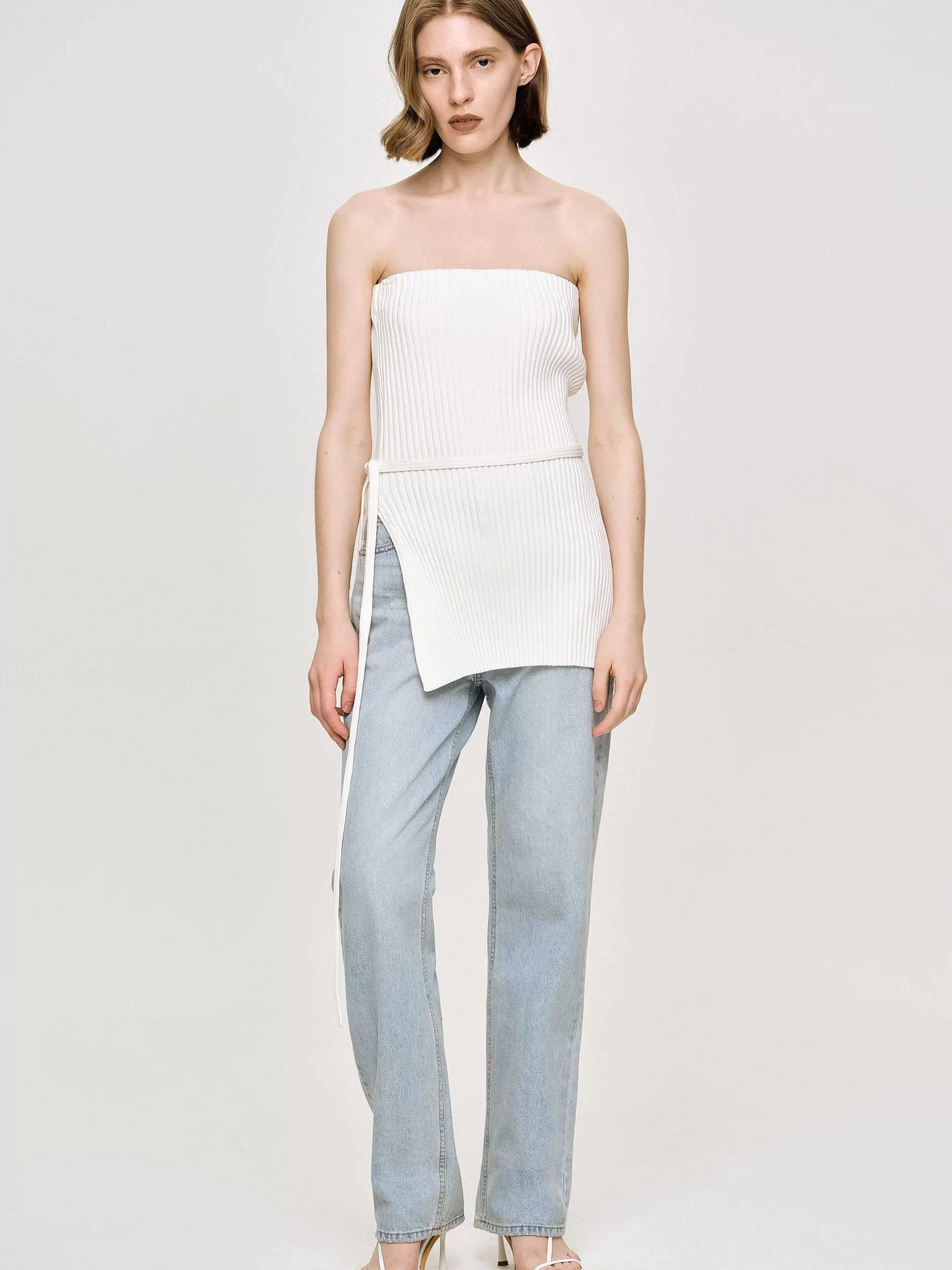 Discount Lang Splitribgebreid, Wit Vrouwen Gebreide Kleding