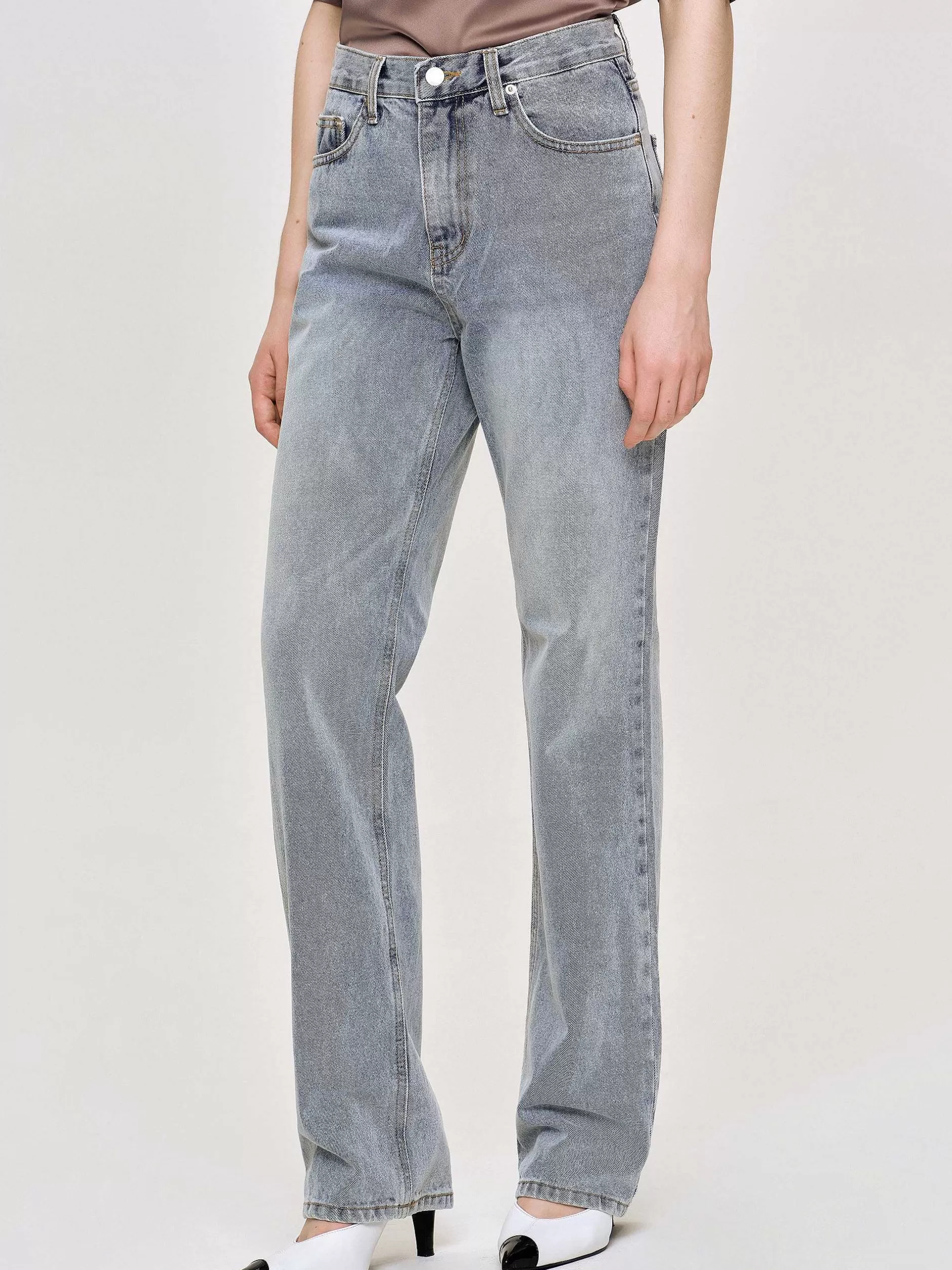 Best Sale Lange Jeans Met Hoge Taille, Asblauw Vrouwen Kleding
