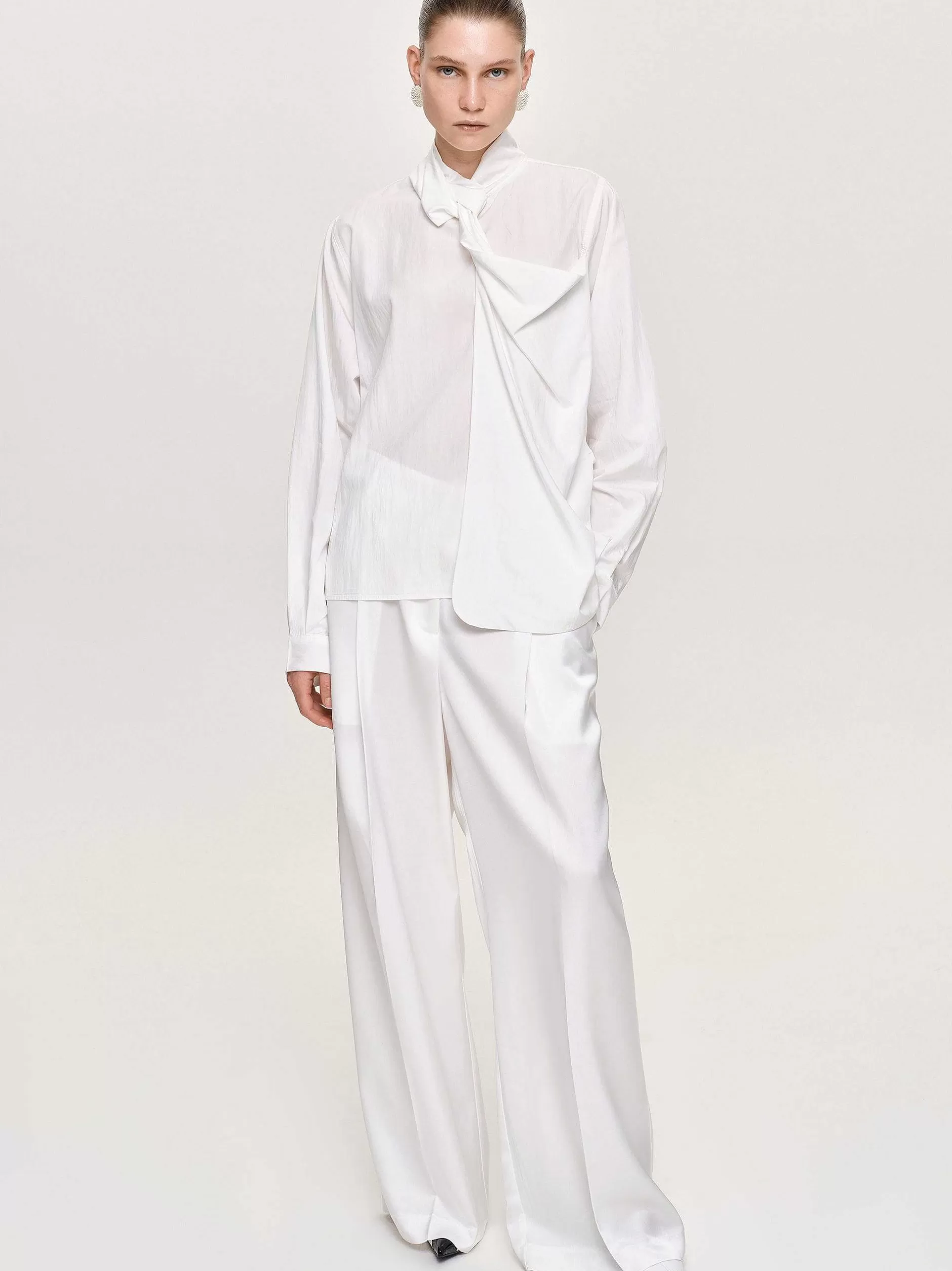 Clearance Mesh Gedraaide Sjaalblouse, Wit Vrouwen Kleding