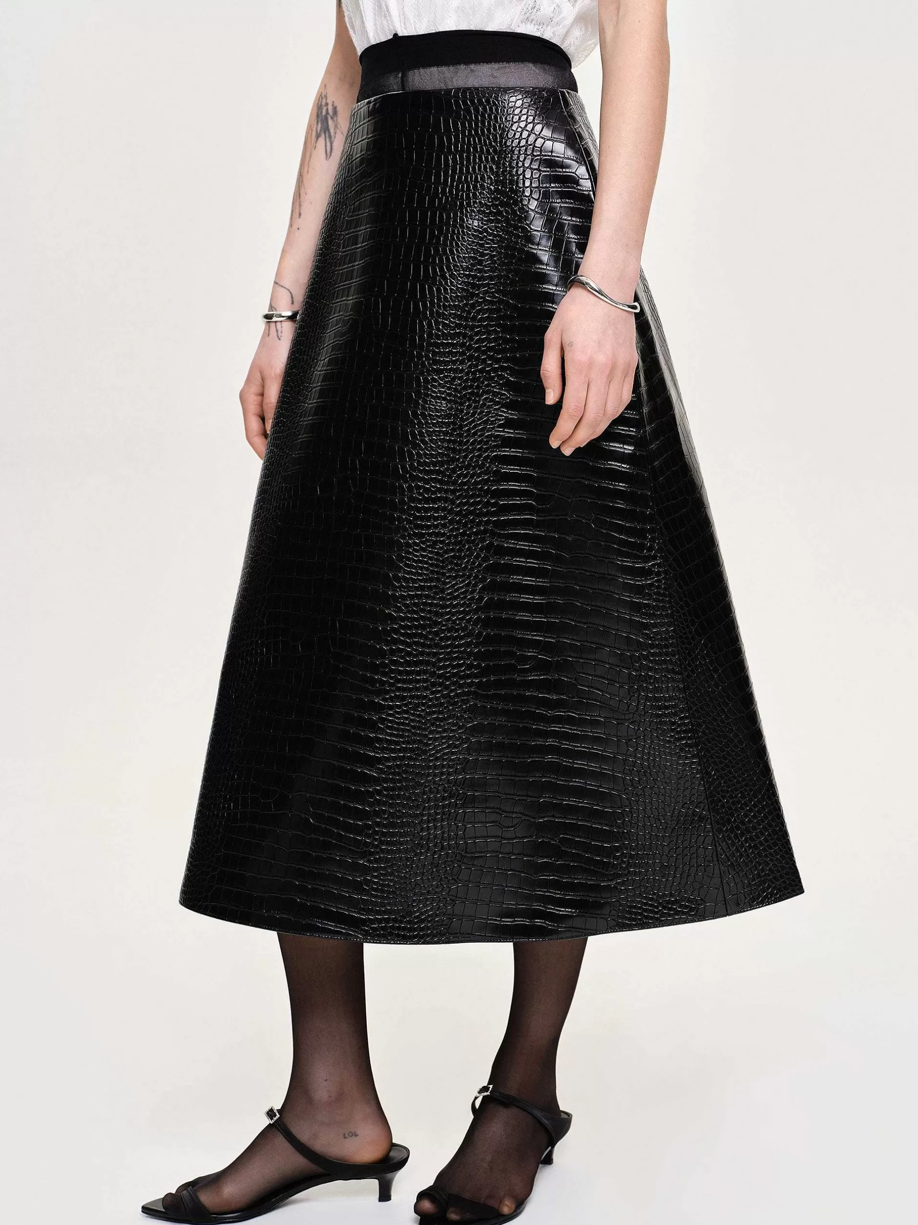 Cheap Midi-Rok Met Krokodillenrelief, Zwart Vrouwen Kleding