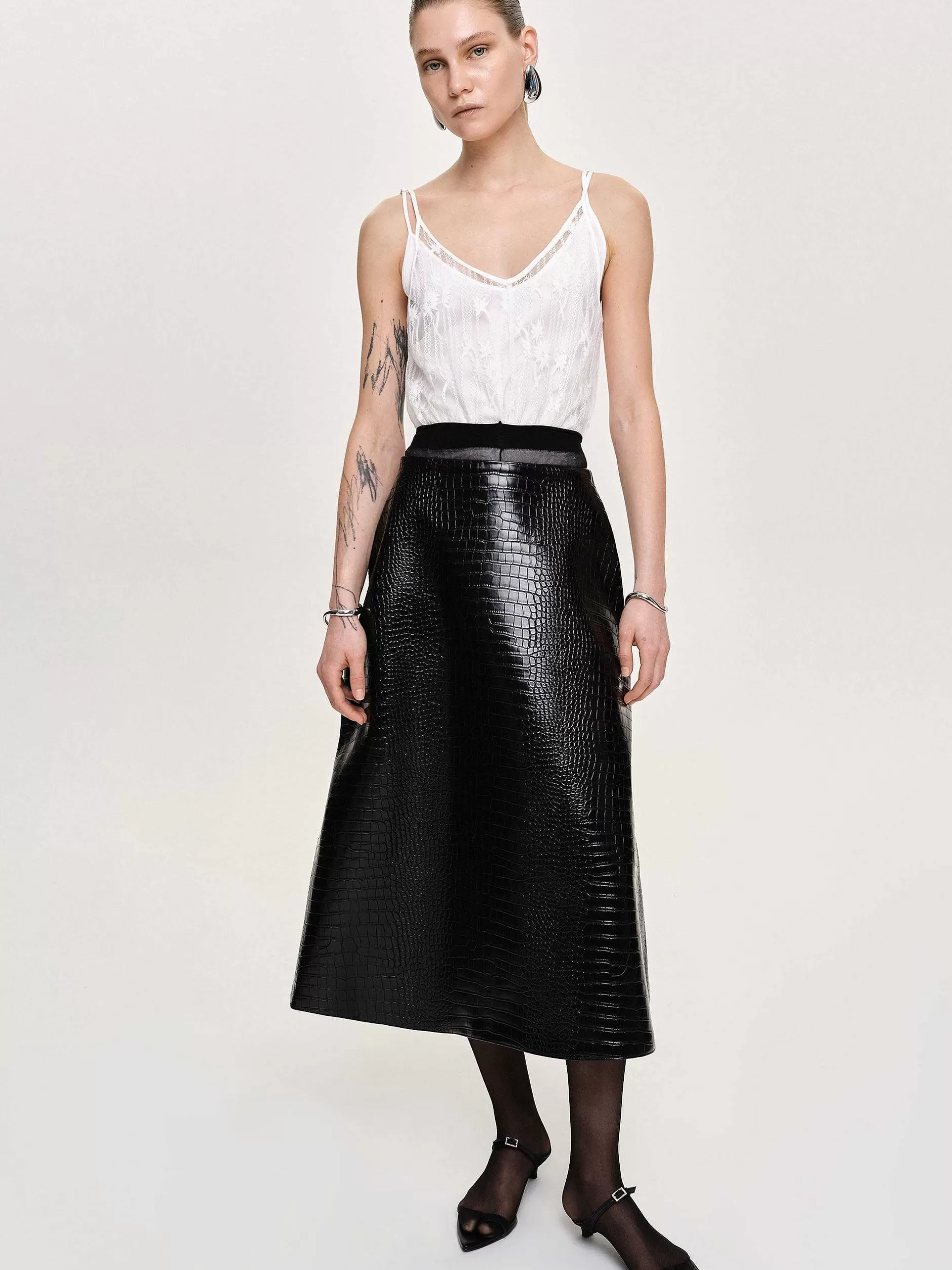Cheap Midi-Rok Met Krokodillenrelief, Zwart Vrouwen Kleding