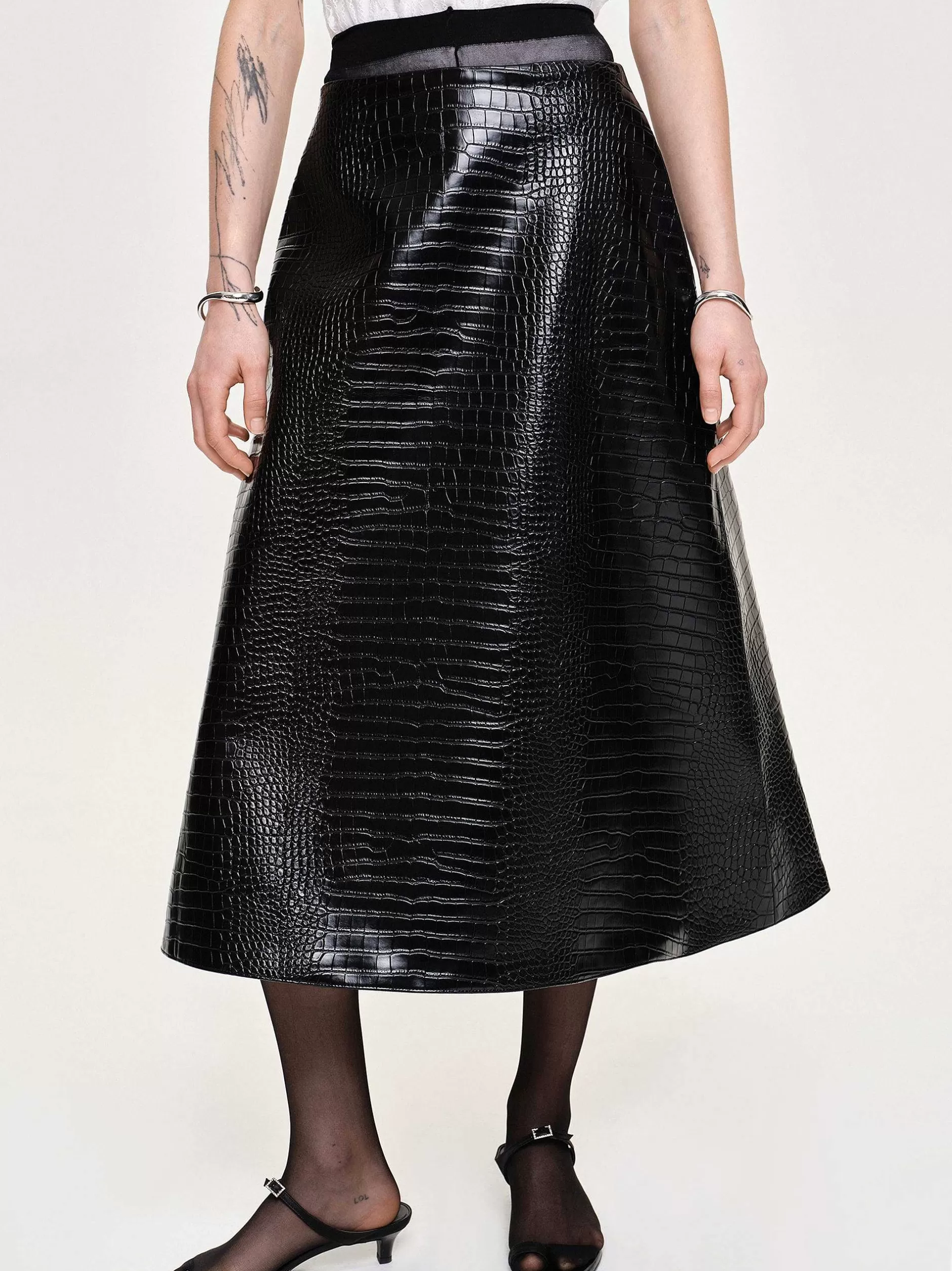 Sale Midi-Rok Met Krokodillenrelief, Zwart Vrouwen Bodems