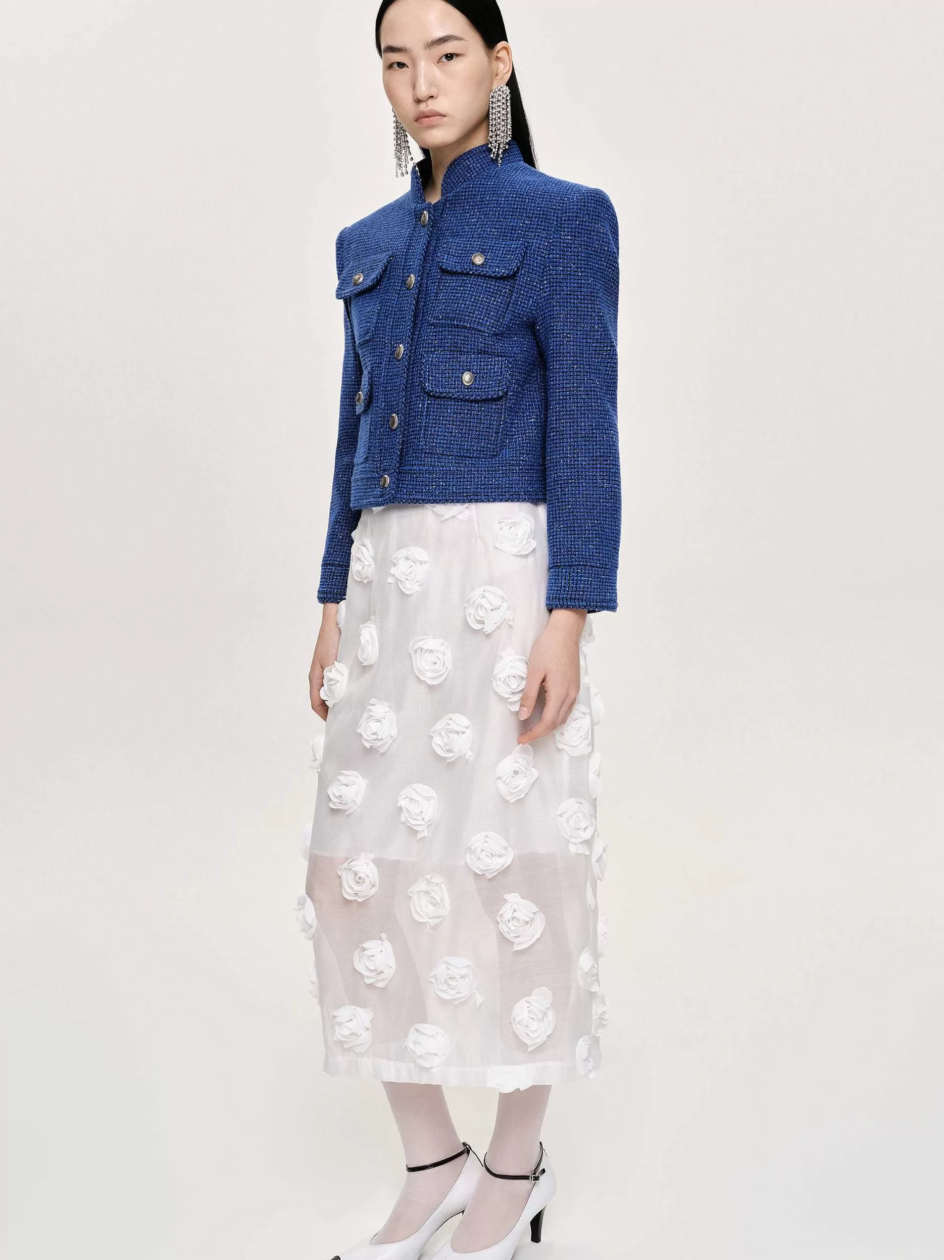 Outlet Midi-Rok Met Rozenapplicatie, Wit Vrouwen Kleding