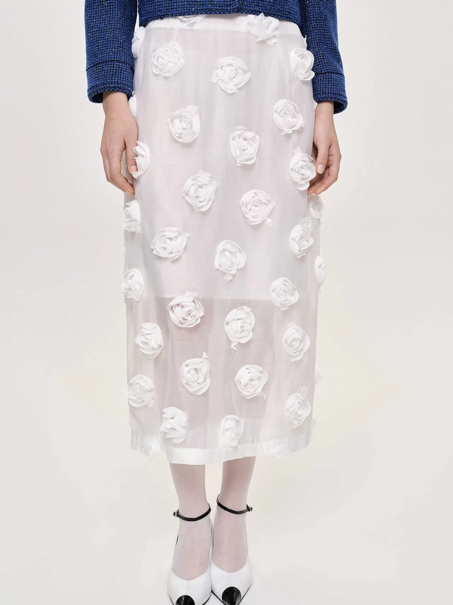 New Midi-Rok Met Rozenapplicatie, Wit Vrouwen Bodems