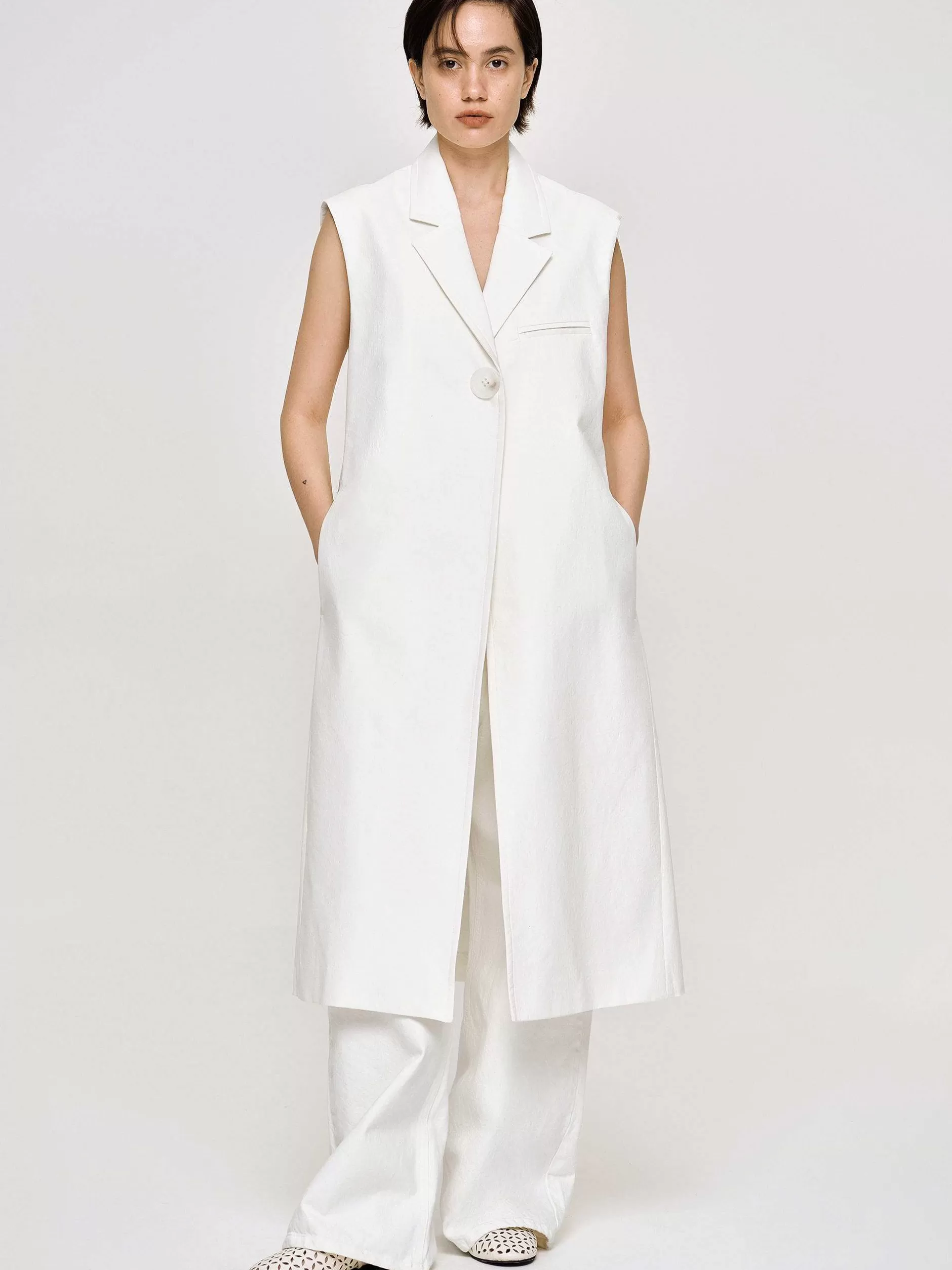 Online Mouwloze Lange Blazer, Wit Vrouwen Bovenkleding