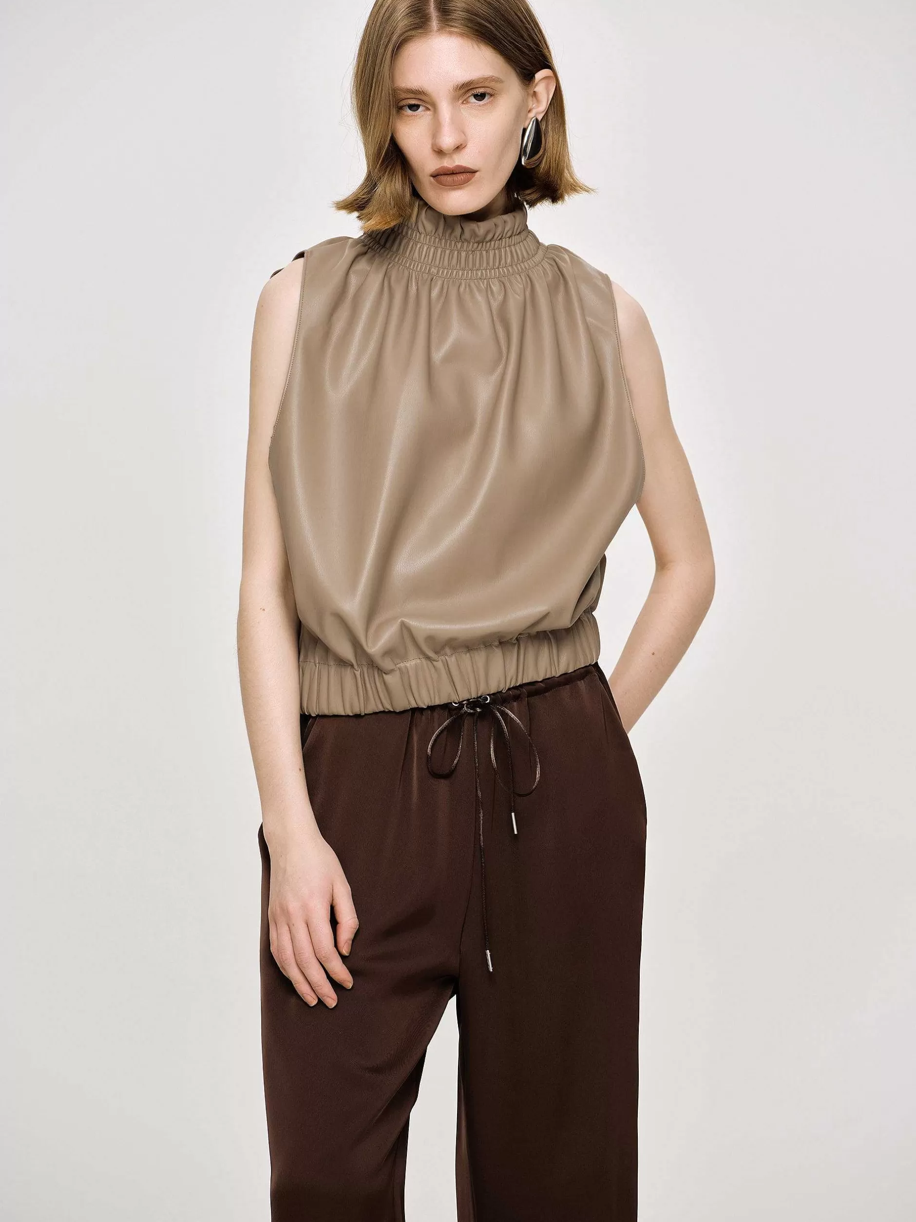 Sale Mouwloze Leren Top, Beige Vrouwen Accessoires