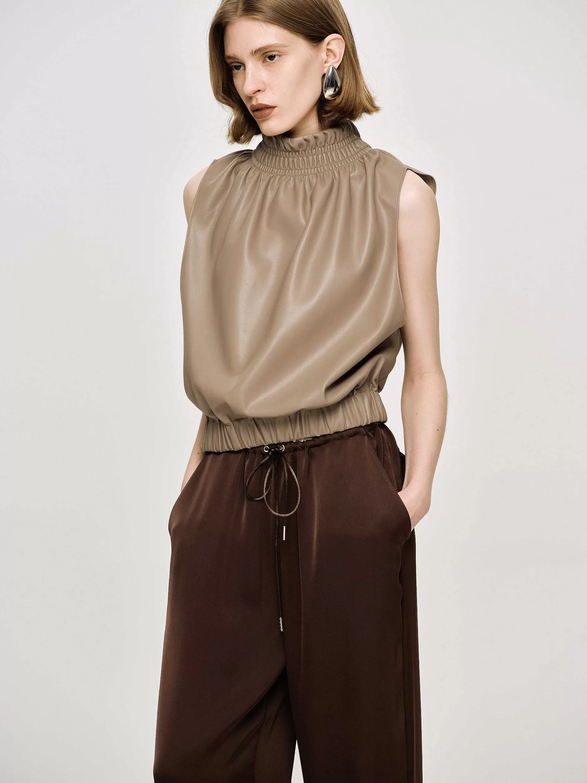 Sale Mouwloze Leren Top, Beige Vrouwen Accessoires