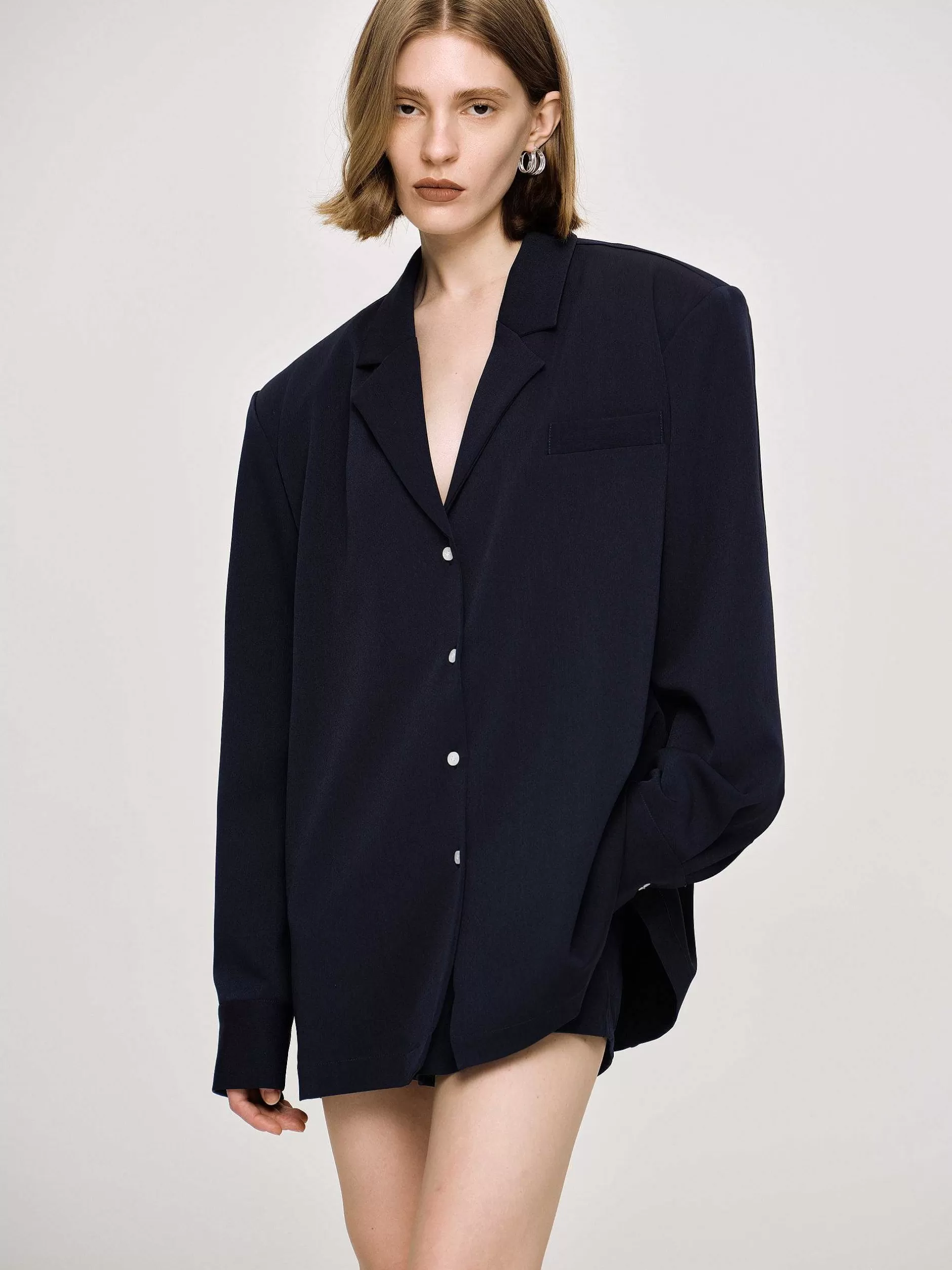 Cheap Oversized Soepelvallend Overhemd, Marineblauw Vrouwen Co-Orden