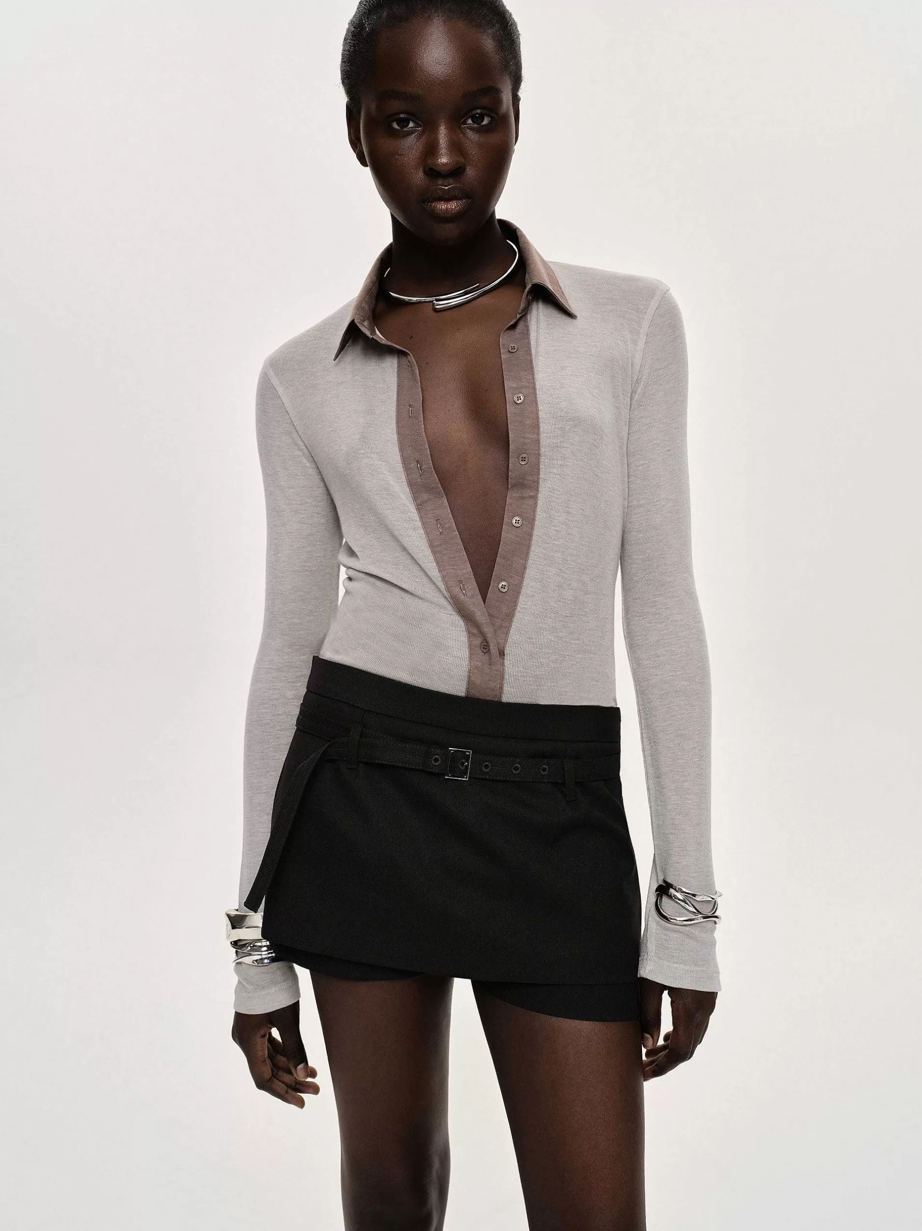 Flash Sale Pietro Semi-Transparante Top Met Kraag, Taupe Bruin Vrouwen Bovenkanten