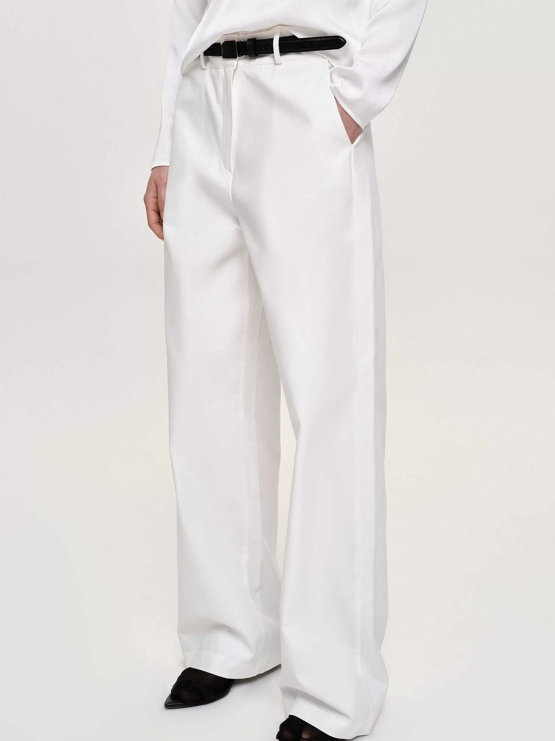 Fashion Poplin Broek Met Wijde Pijpen, Wit Vrouwen Bodems