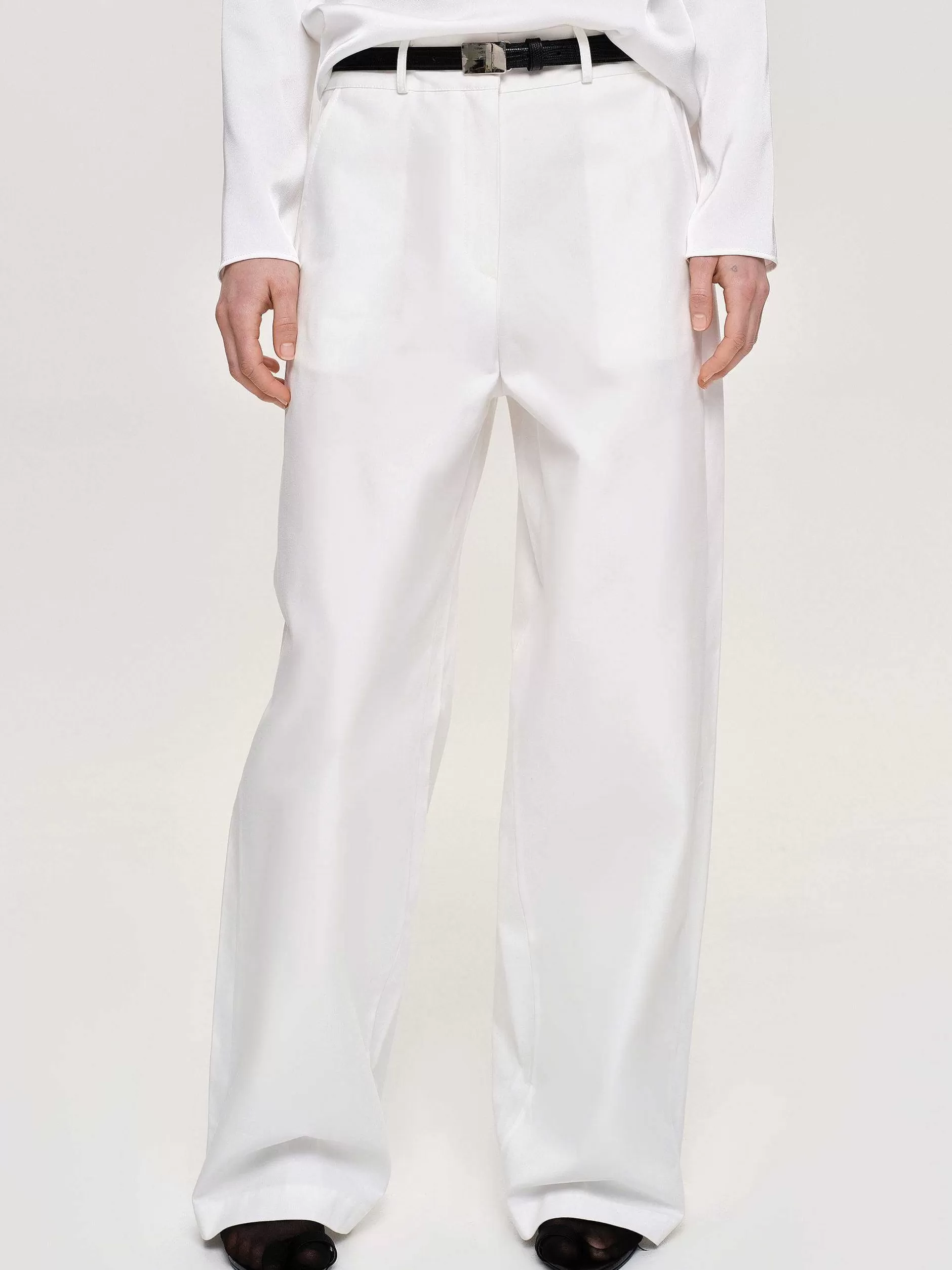 Fashion Poplin Broek Met Wijde Pijpen, Wit Vrouwen Bodems