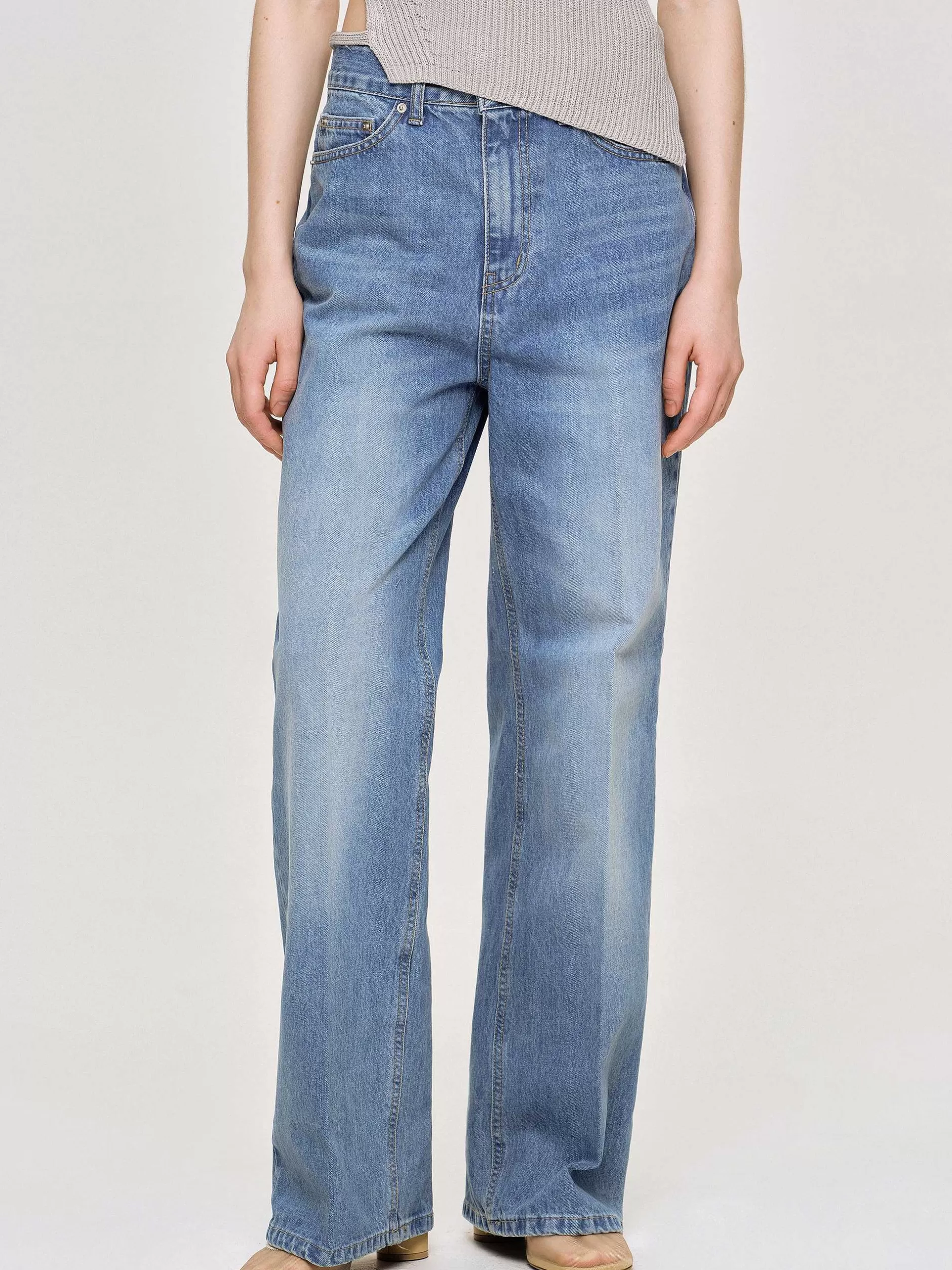 Cheap Relaxte Rechte Jeans, Middenwassing Vrouwen Denim