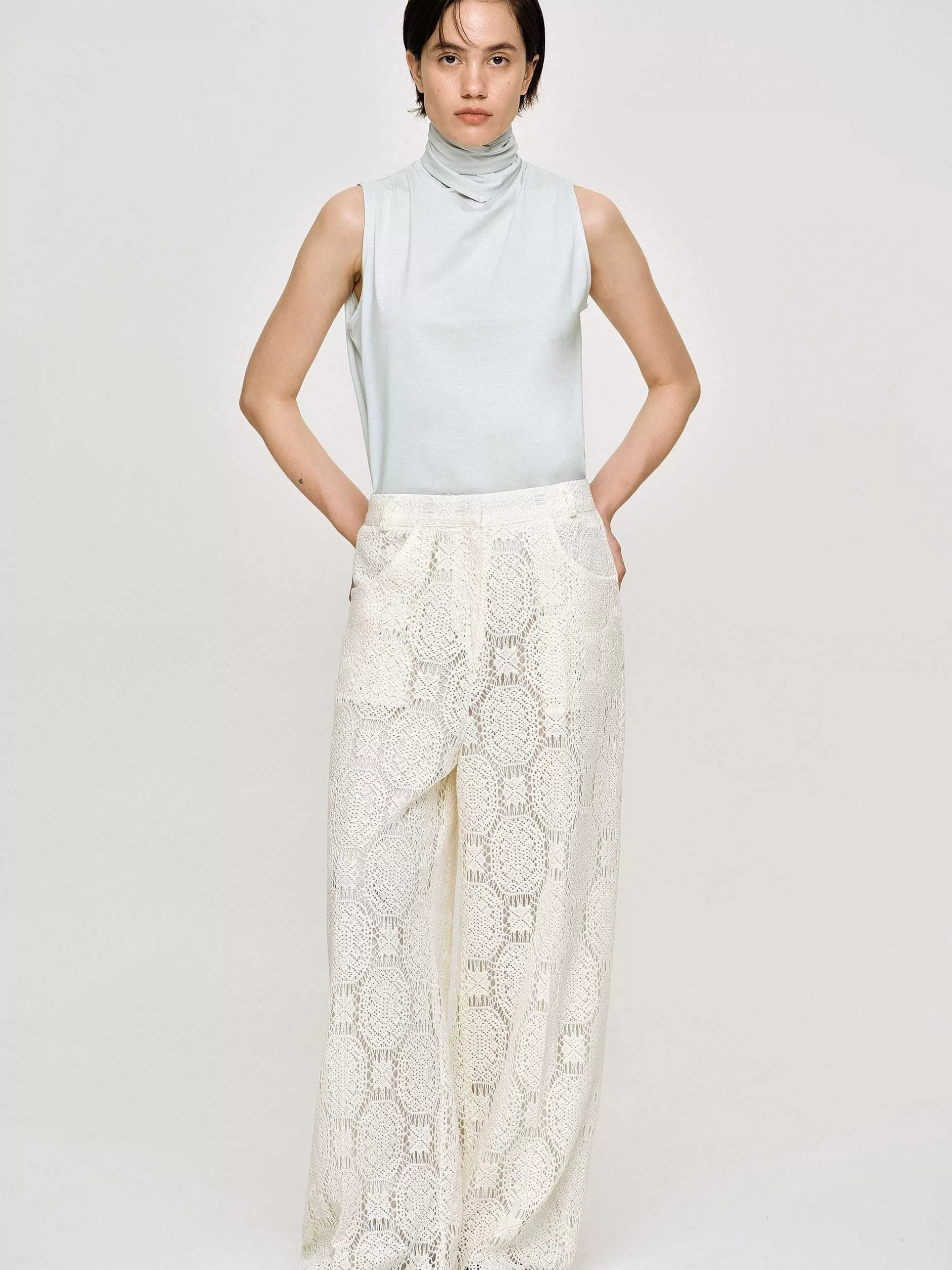 Best Sale Sevilla Gehaakte Wijde Broek, Ecru Vrouwen Bodems