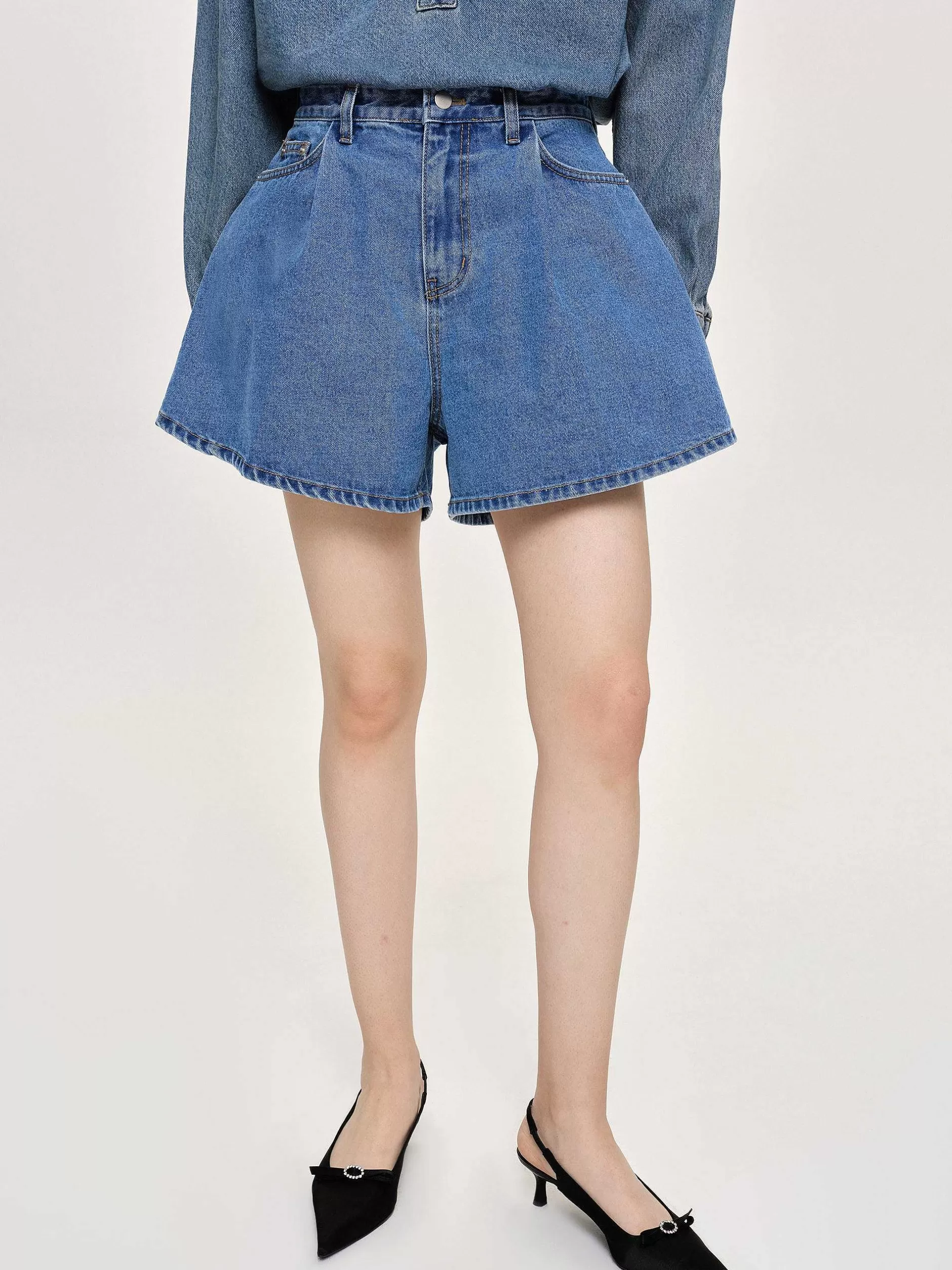 Store Uitlopende Denim Shorts, Middenblauw Vrouwen Kleding
