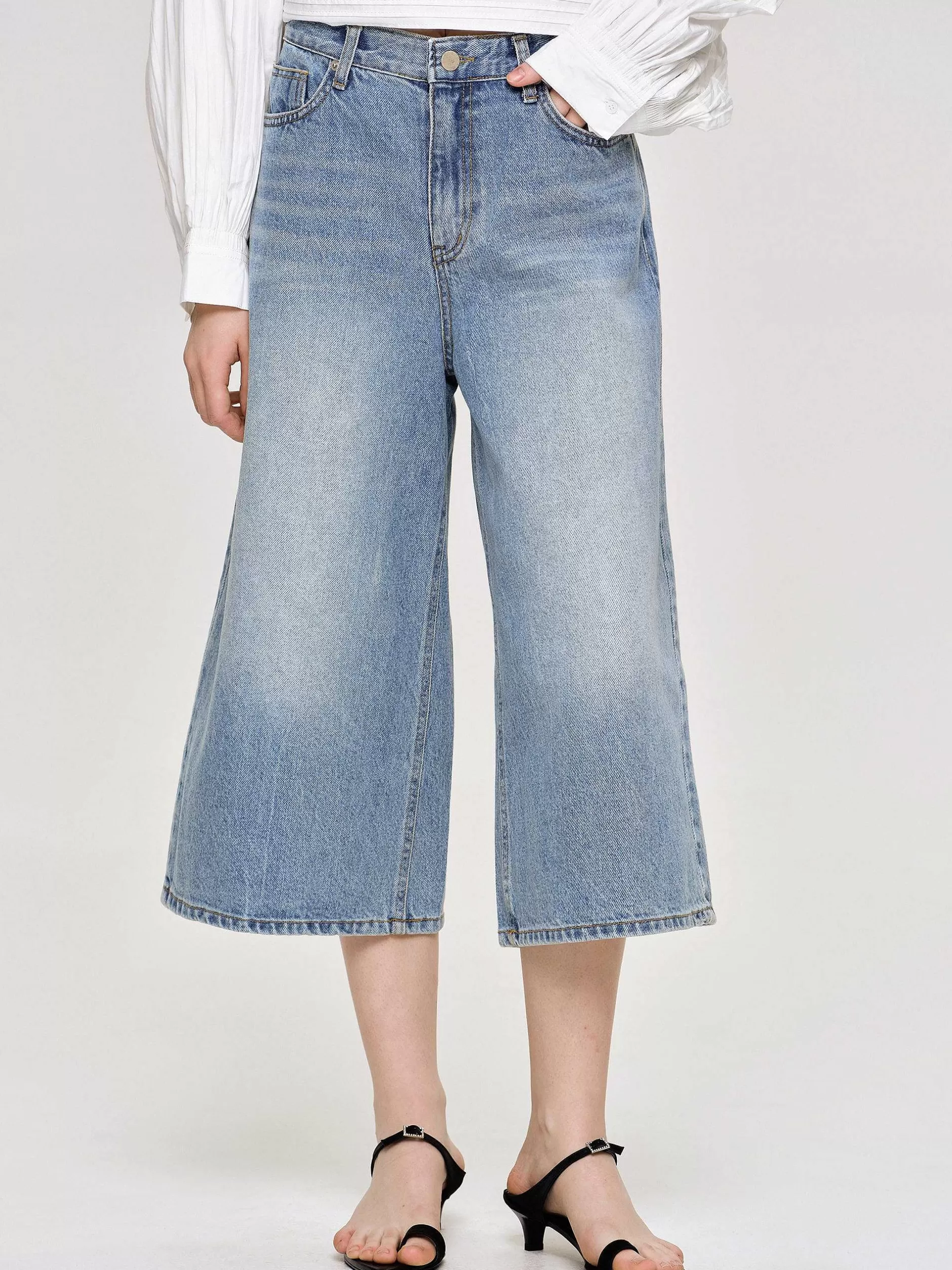 Best Sale Wijde Cropped Jeans, Middenblauw Vrouwen Denim
