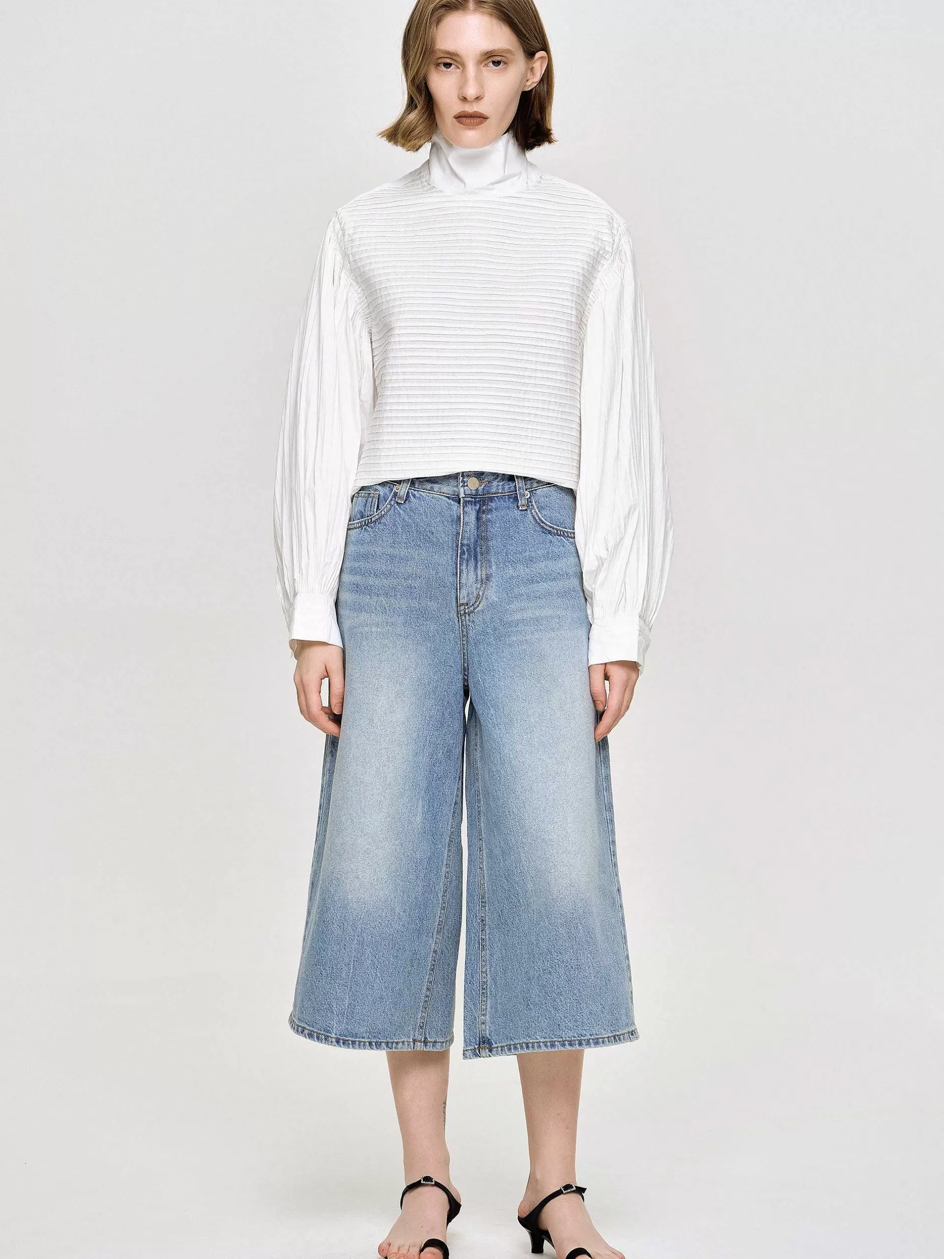Best Sale Wijde Cropped Jeans, Middenblauw Vrouwen Denim